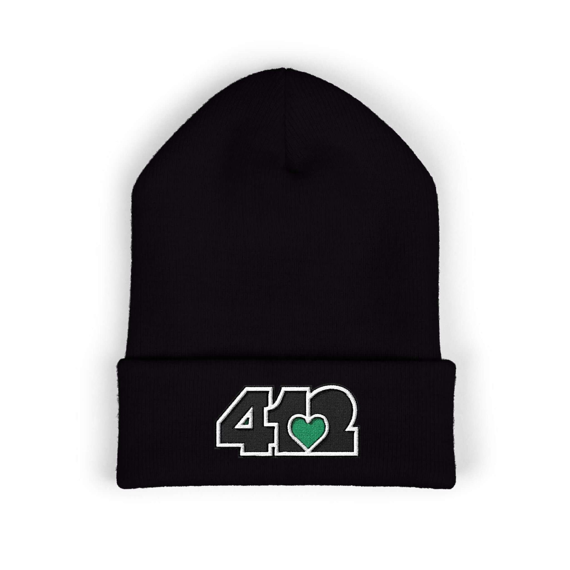 Cozy 412 Cuffed Beanie Hat | Embroidered Black and Green Logo. Apparel Color: Black. Featuring a snug cuffed fit, and soft acrylic for winter style.