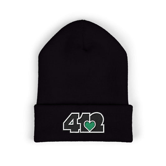 Cozy 412 Cuffed Beanie Hat | Embroidered Black and Green Logo. Apparel Color: Black. Featuring a snug cuffed fit, and soft acrylic for winter style.