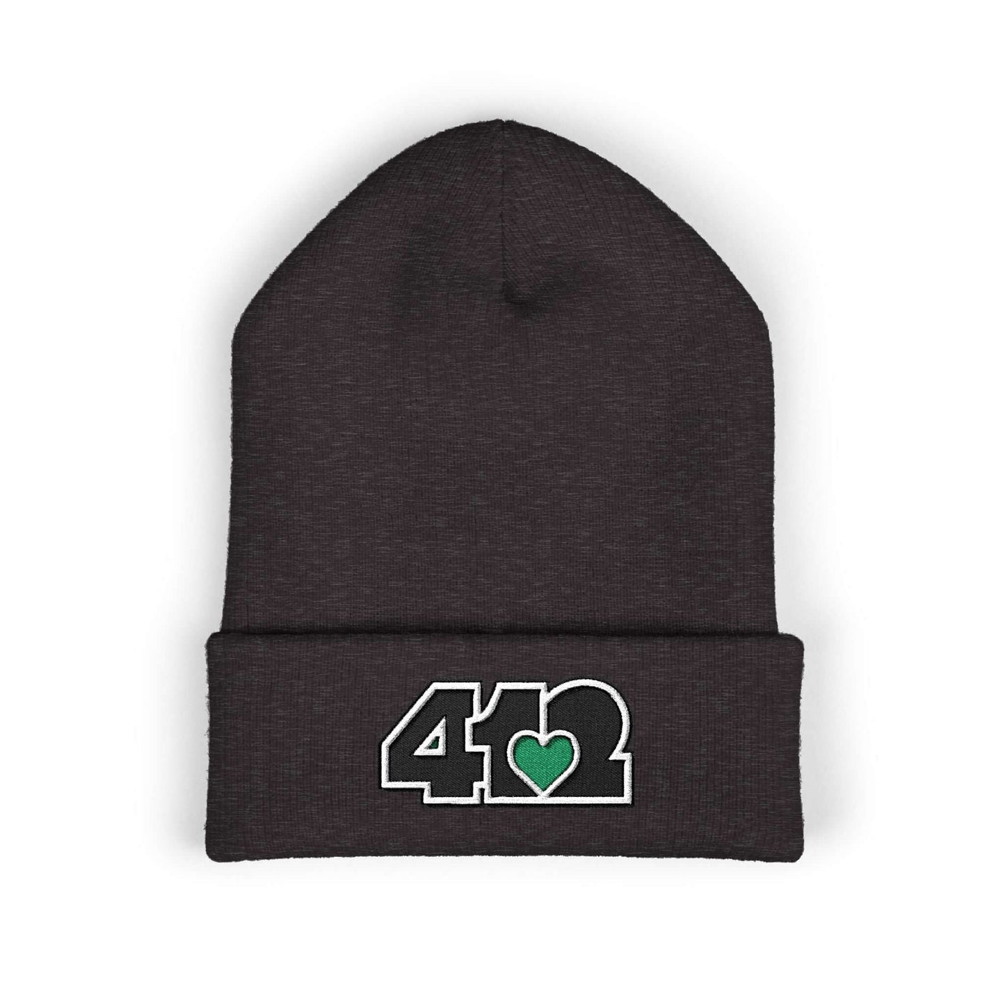 Cozy 412 Cuffed Beanie Hat | Embroidered Black and Green Logo. Apparel Color: Dark Grey. Featuring a snug cuffed fit, and soft acrylic for winter style.