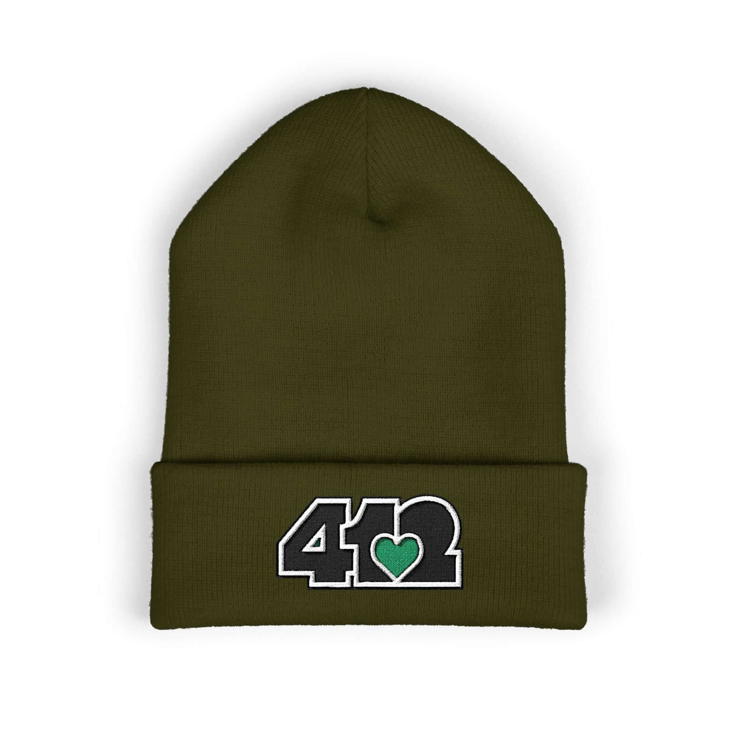 Cozy 412 Cuffed Beanie Hat | Embroidered Black and Green Logo. Apparel Color: Olive. Featuring a snug cuffed fit, and soft acrylic for winter style.