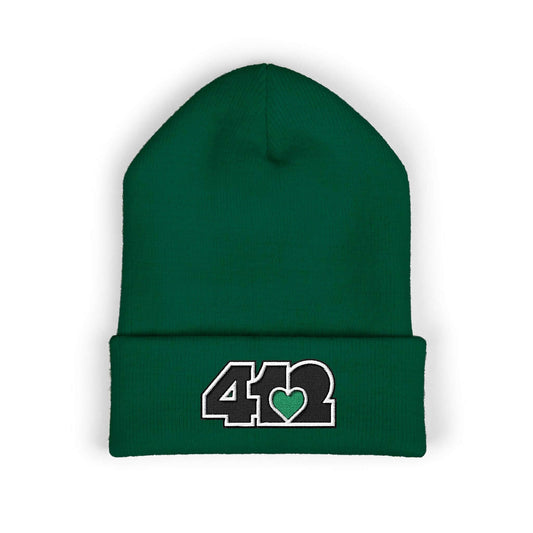 Cozy 412 Cuffed Beanie Hat | Embroidered Black and Green Logo. Apparel Color: Spruce. Featuring a snug cuffed fit, and soft acrylic for winter style.