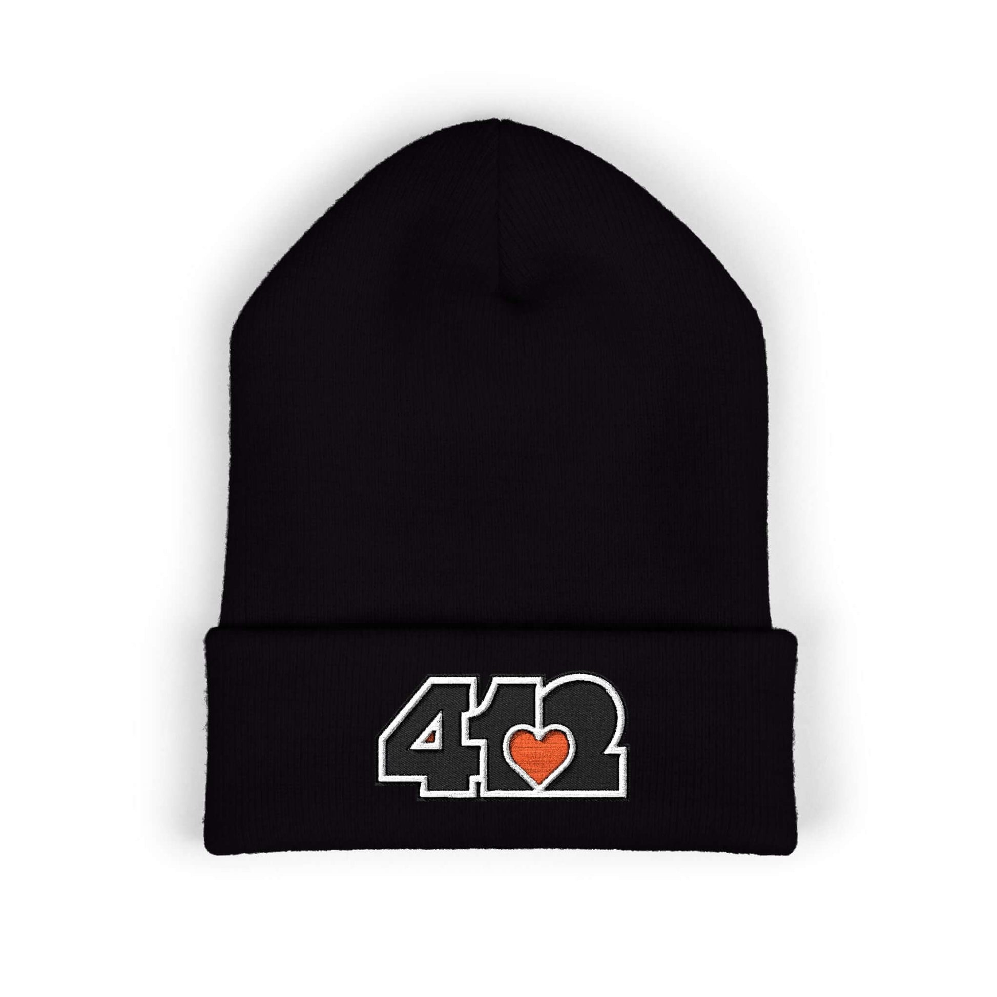 Cozy 412 Cuffed Beanie Hat | Embroidered Black and Orange Logo. Apparel Color: Black. Featuring a snug cuffed fit, and soft acrylic for winter style.