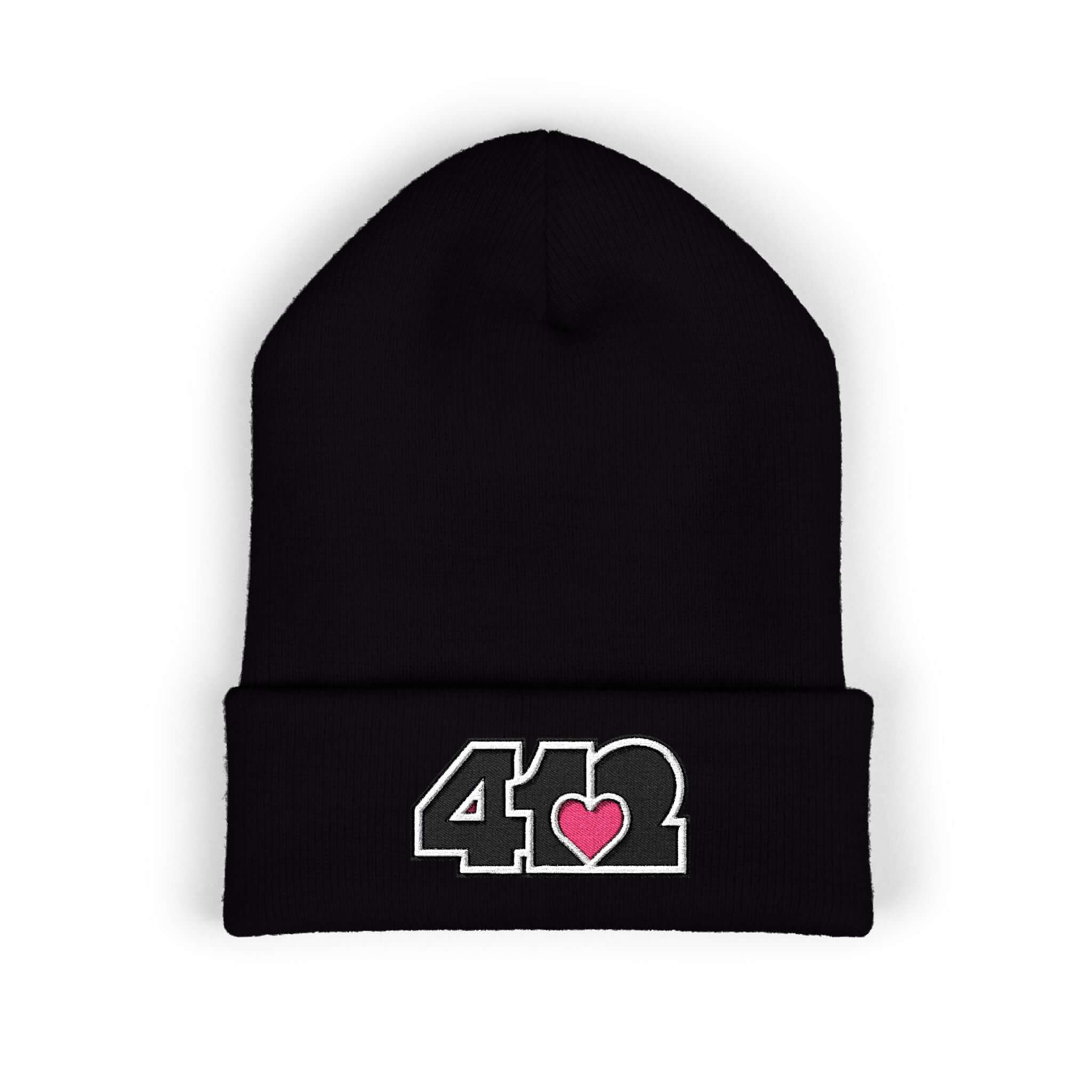Cozy 412 Cuffed Beanie Hat | Embroidered Black and Pink Logo. Apparel Color: Black. Featuring a snug cuffed fit, and soft acrylic for winter style.