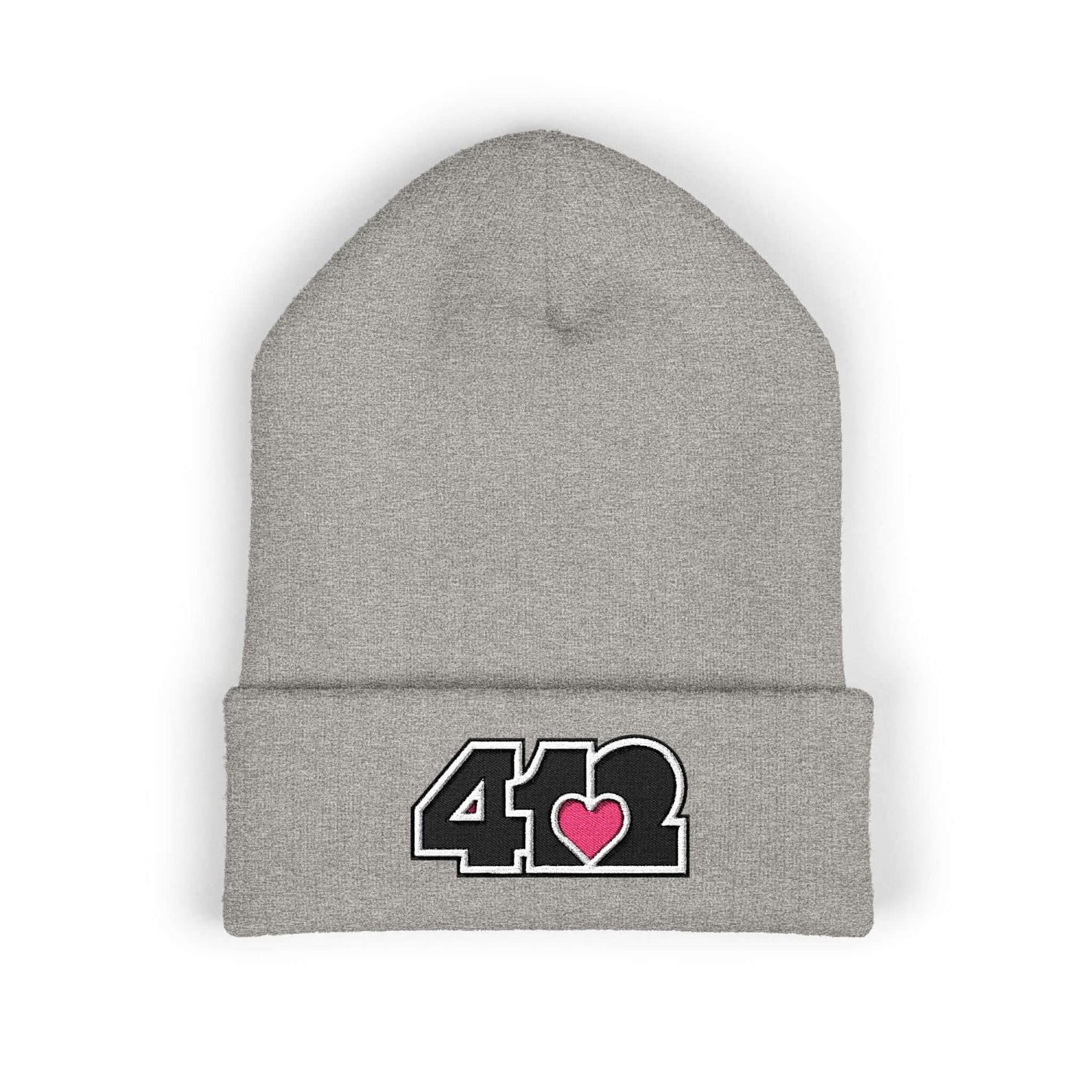 Cozy 412 Cuffed Beanie Hat | Embroidered Black and Pink Logo. Apparel Color: Heather Grey. Featuring a snug cuffed fit, and soft acrylic for winter style.