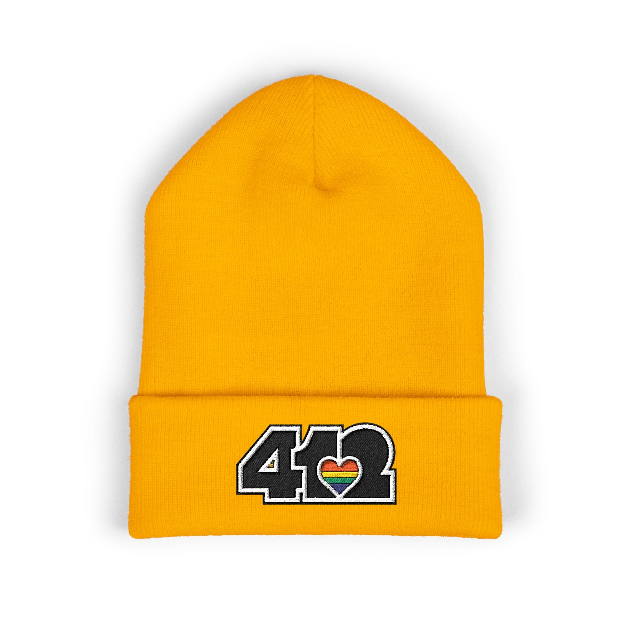 412 Cuffed Beanie Hat | Embroidered Black and Rainbow Logo. Apparel Color: Gold. Featuring a snug cuffed fit, and soft acrylic for winter style.