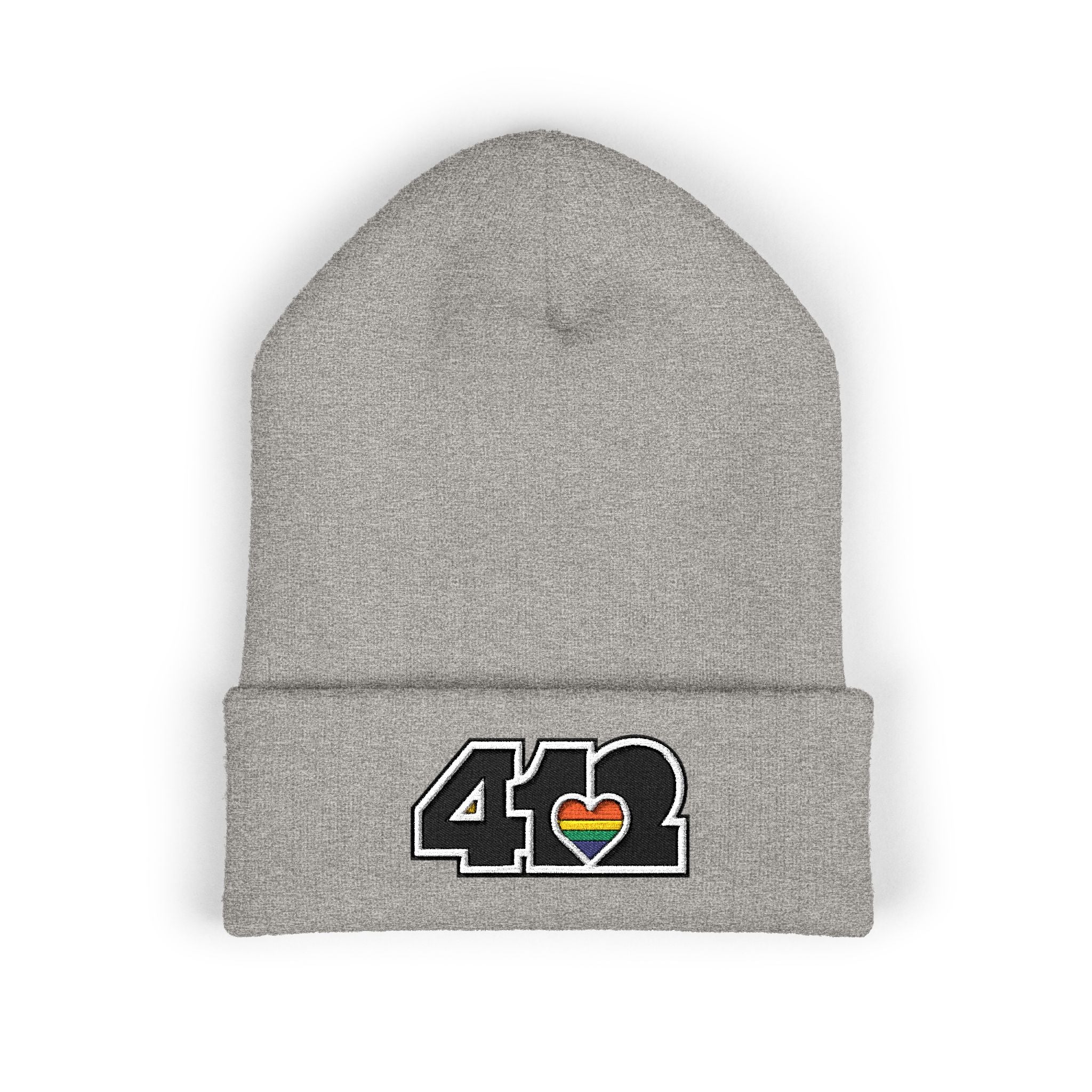 412 Cuffed Beanie Hat | Embroidered Black and Rainbow Logo. Apparel Color: Heather Grey. Featuring a snug cuffed fit, and soft acrylic for winter style.