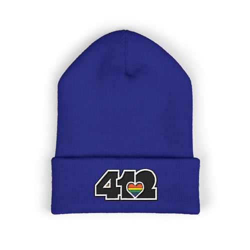 412 Cuffed Beanie Hat | Embroidered Black and Rainbow Logo. Apparel Color: Royal. Featuring a snug cuffed fit, and soft acrylic for winter style.