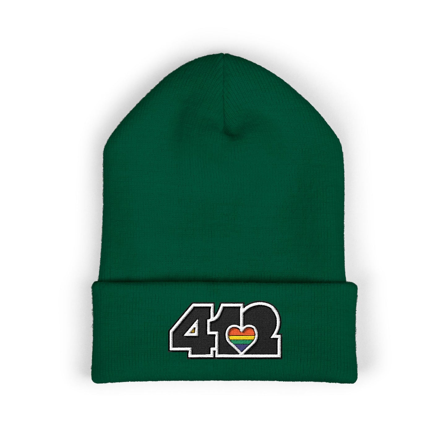 412 Cuffed Beanie Hat | Embroidered Black and Rainbow Logo. Apparel Color: Spruce. Featuring a snug cuffed fit, and soft acrylic for winter style.