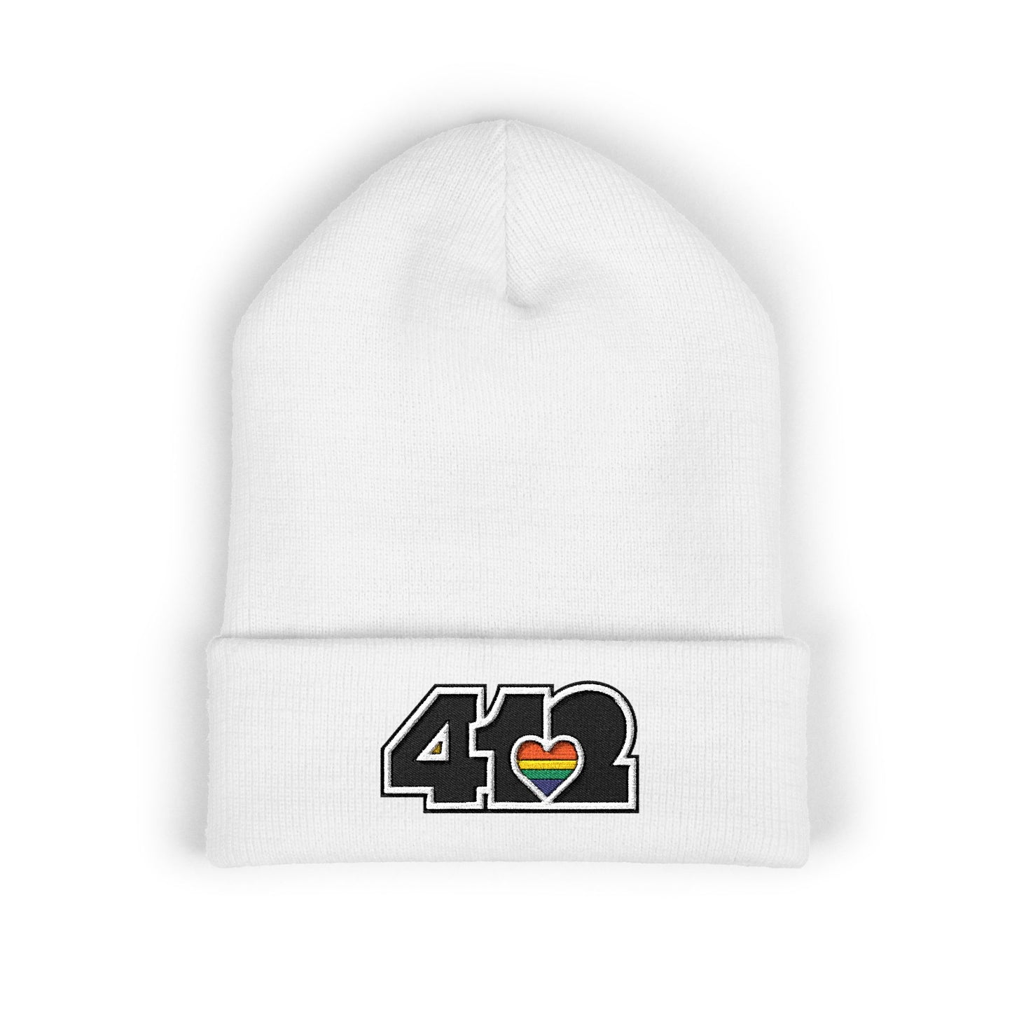 412 Cuffed Beanie Hat | Embroidered Black and Rainbow Logo. Apparel Color: White. Featuring a snug cuffed fit, and soft acrylic for winter style.