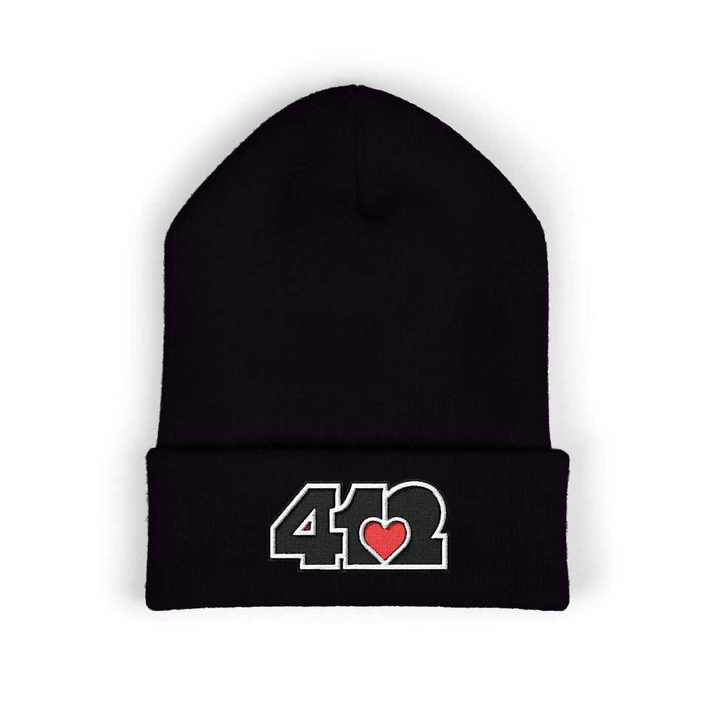 Cozy 412 Cuffed Beanie Hat | Embroidered Black and Red Logo. Apparel Color: Black. Featuring a snug cuffed fit, and soft acrylic for winter style.