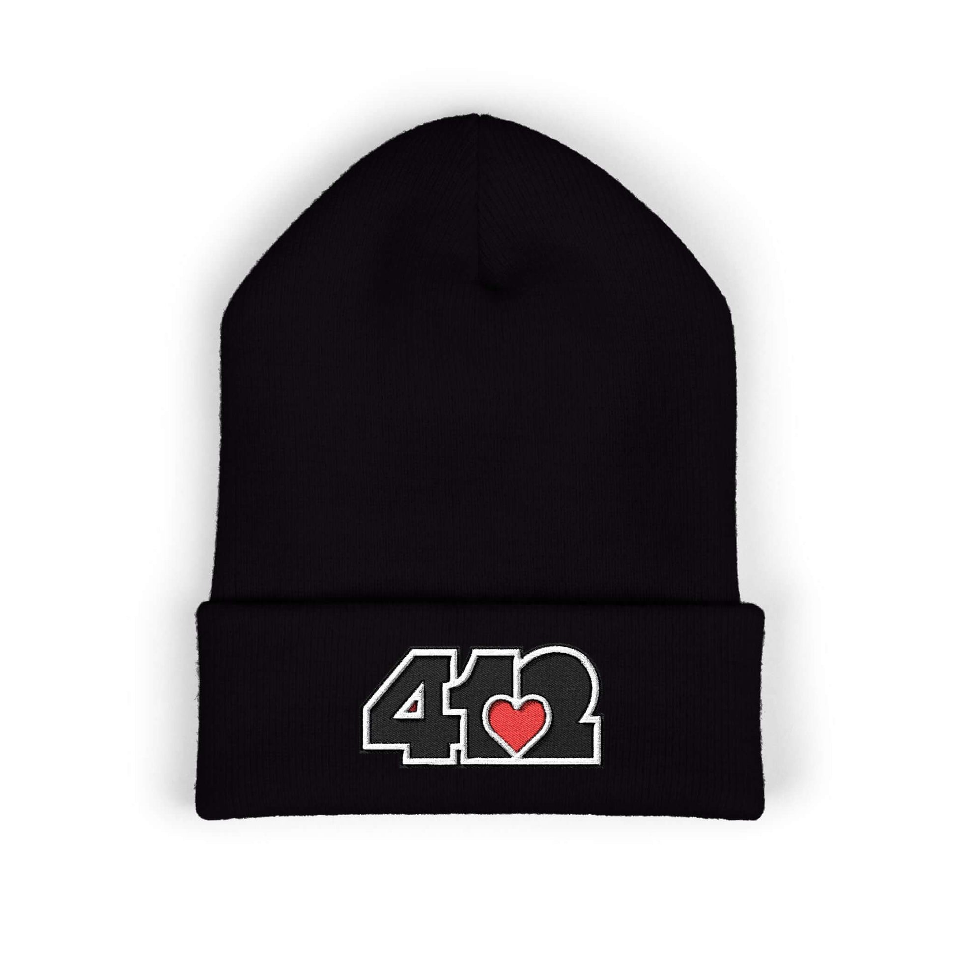 Cozy 412 Cuffed Beanie Hat | Embroidered Black and Red Logo. Apparel Color: Black. Featuring a snug cuffed fit, and soft acrylic for winter style.
