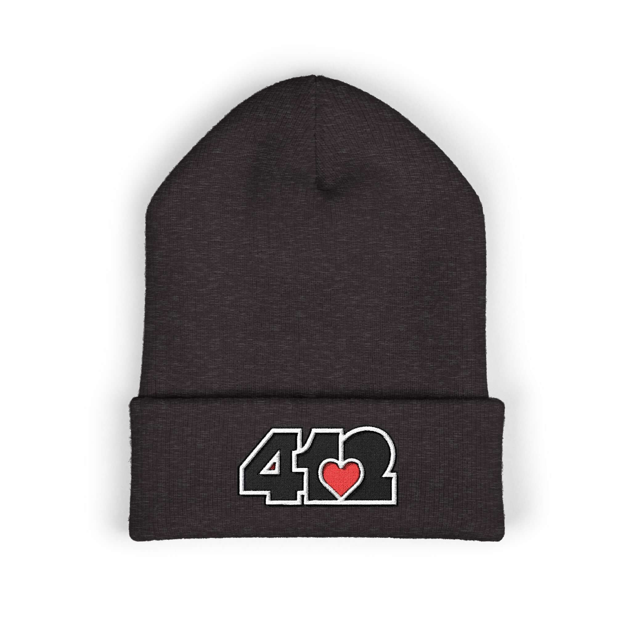 Cozy 412 Cuffed Beanie Hat | Embroidered Black and Red Logo. Apparel Color: Dark Grey. Featuring a snug cuffed fit, and soft acrylic for winter style.