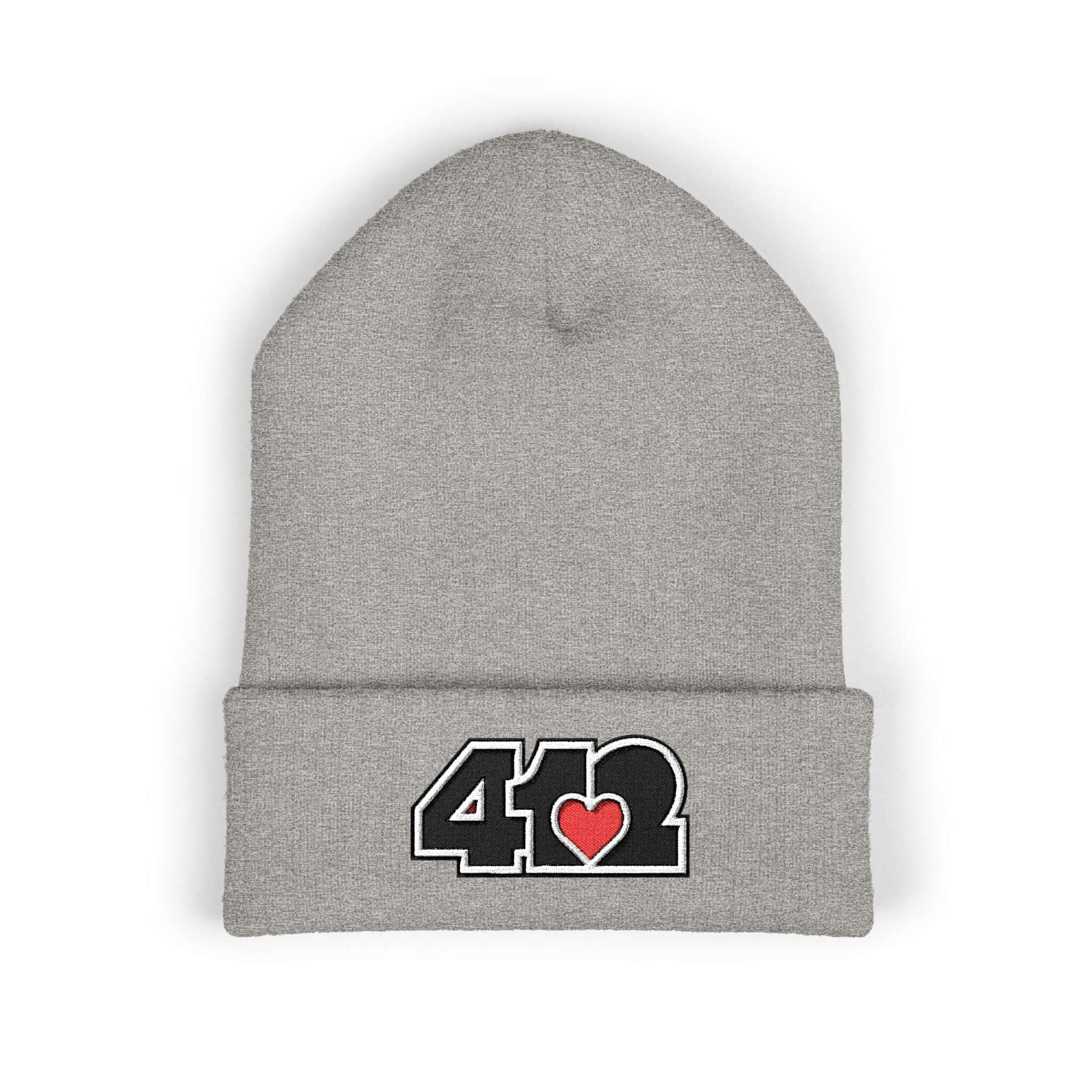 Cozy 412 Cuffed Beanie Hat | Embroidered Black and Red Logo. Apparel Color: Heather Grey. Featuring a snug cuffed fit, and soft acrylic for winter style.
