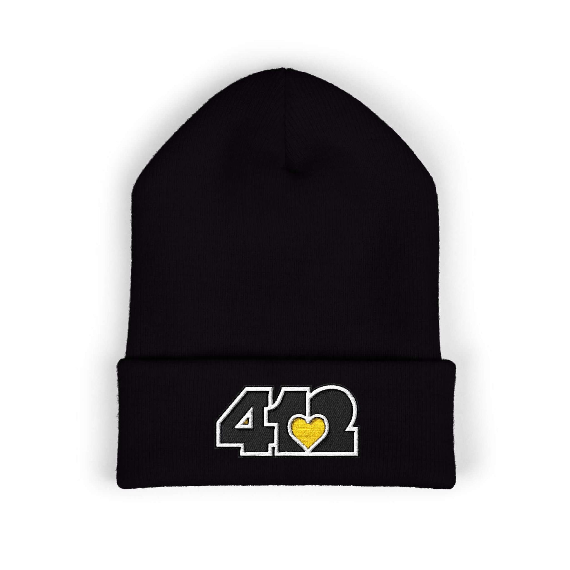 Cozy 412 Cuffed Beanie Hat | Embroidered Black and Yellow Logo. Apparel Color: Black. Featuring a snug cuffed fit, and soft acrylic for winter style.