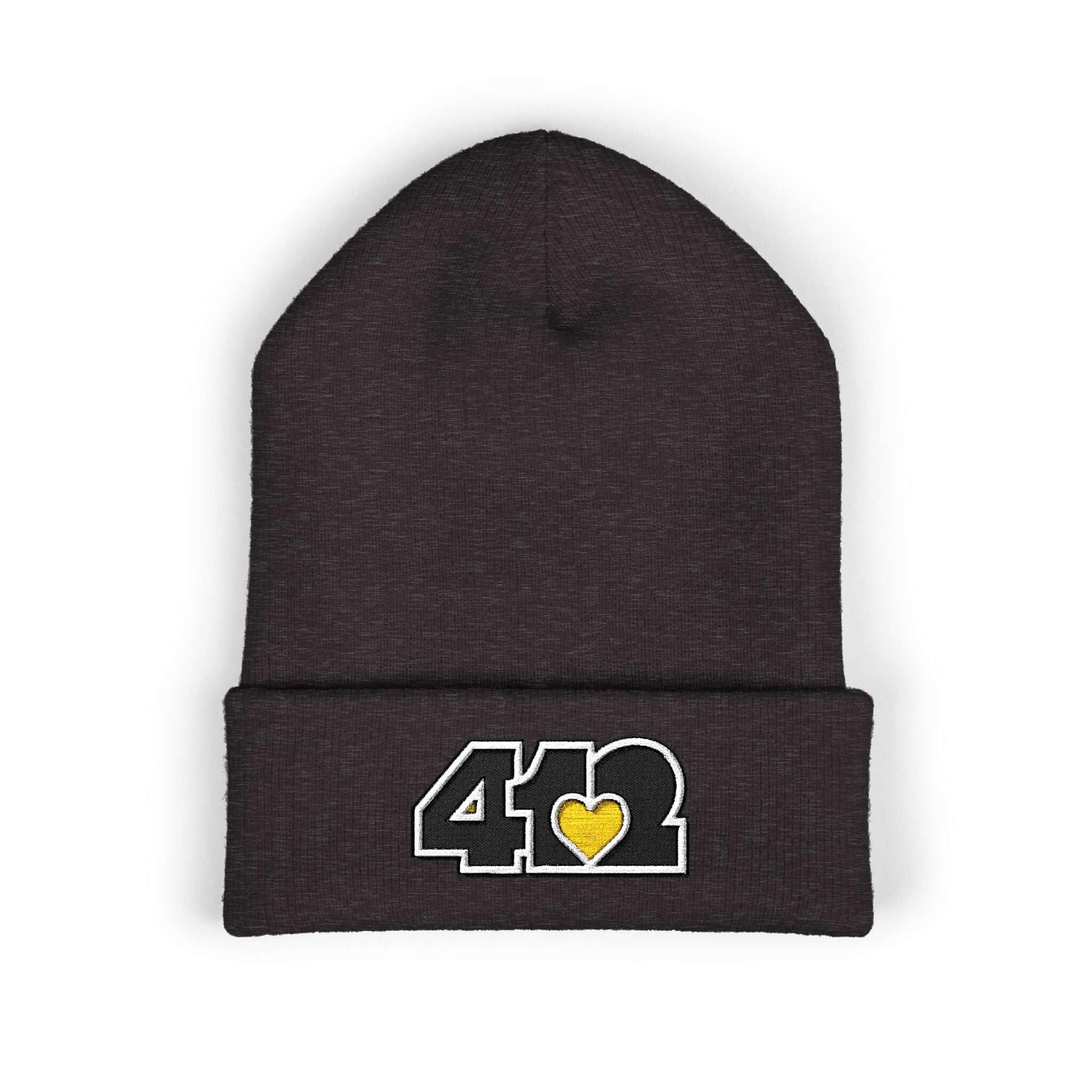 Cozy 412 Cuffed Beanie Hat | Embroidered Black and Yellow Logo. Apparel Color: Dark Grey. Featuring a snug cuffed fit, and soft acrylic for winter style.