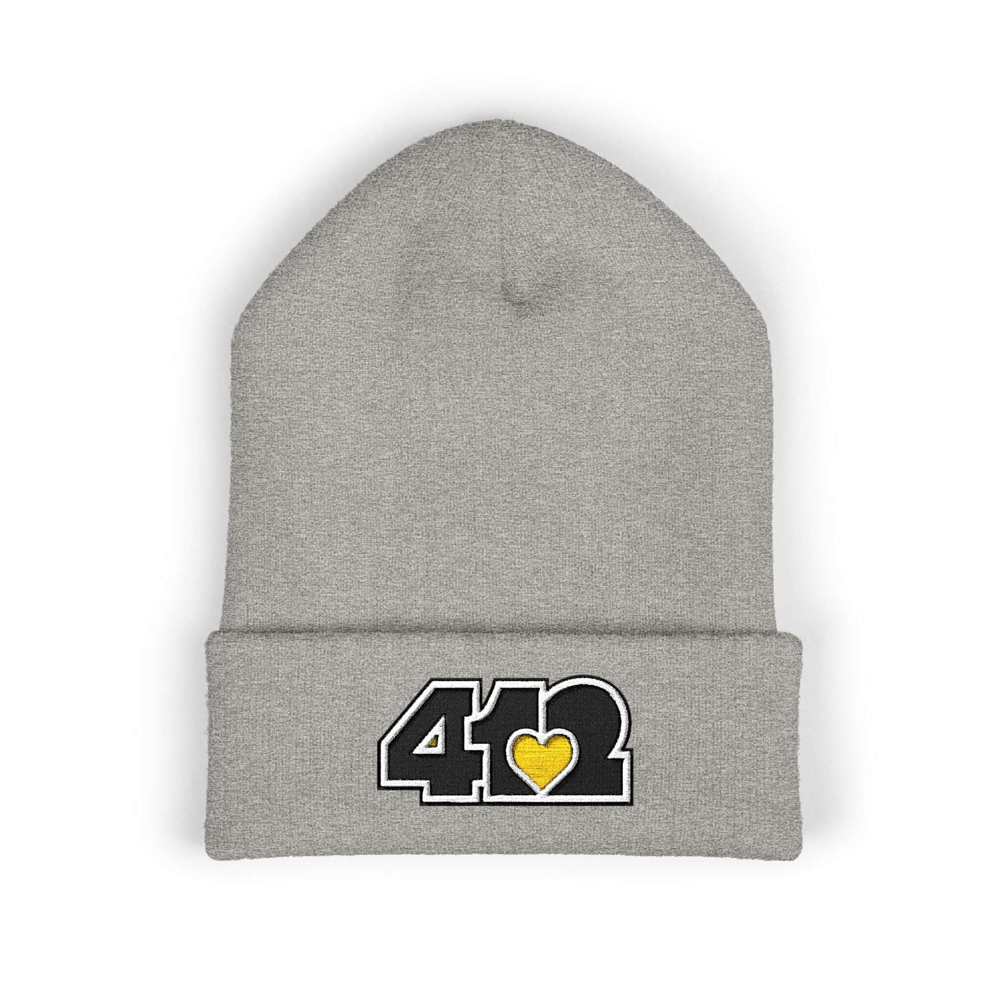 Cozy 412 Cuffed Beanie Hat | Embroidered Black and Yellow Logo. Apparel Color: Heather Grey. Featuring a snug cuffed fit, and soft acrylic for winter style.