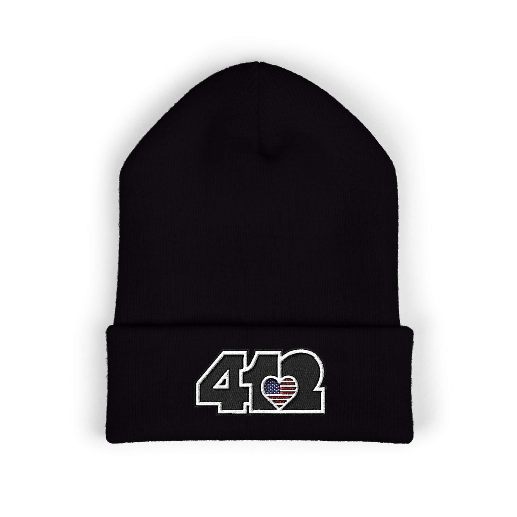 Cozy 412 Cuffed Beanie Hat | Embroidered Stars & Stripes Black Logo. Apparel Color: Black. Featuring a snug cuffed fit, and soft acrylic for winter style.