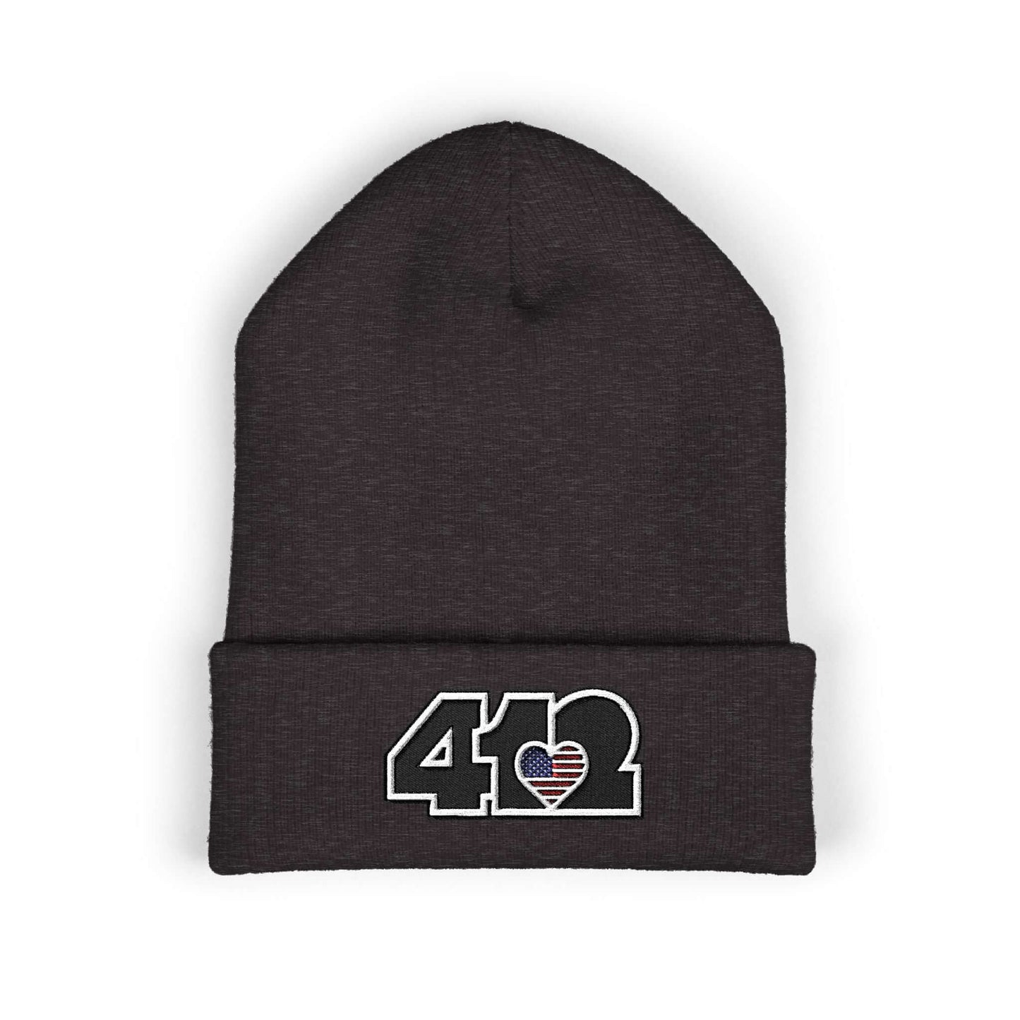 Cozy 412 Cuffed Beanie Hat | Embroidered Stars & Stripes Black Logo. Apparel Color: Dark Grey. Featuring a snug cuffed fit, and soft acrylic for winter style.
