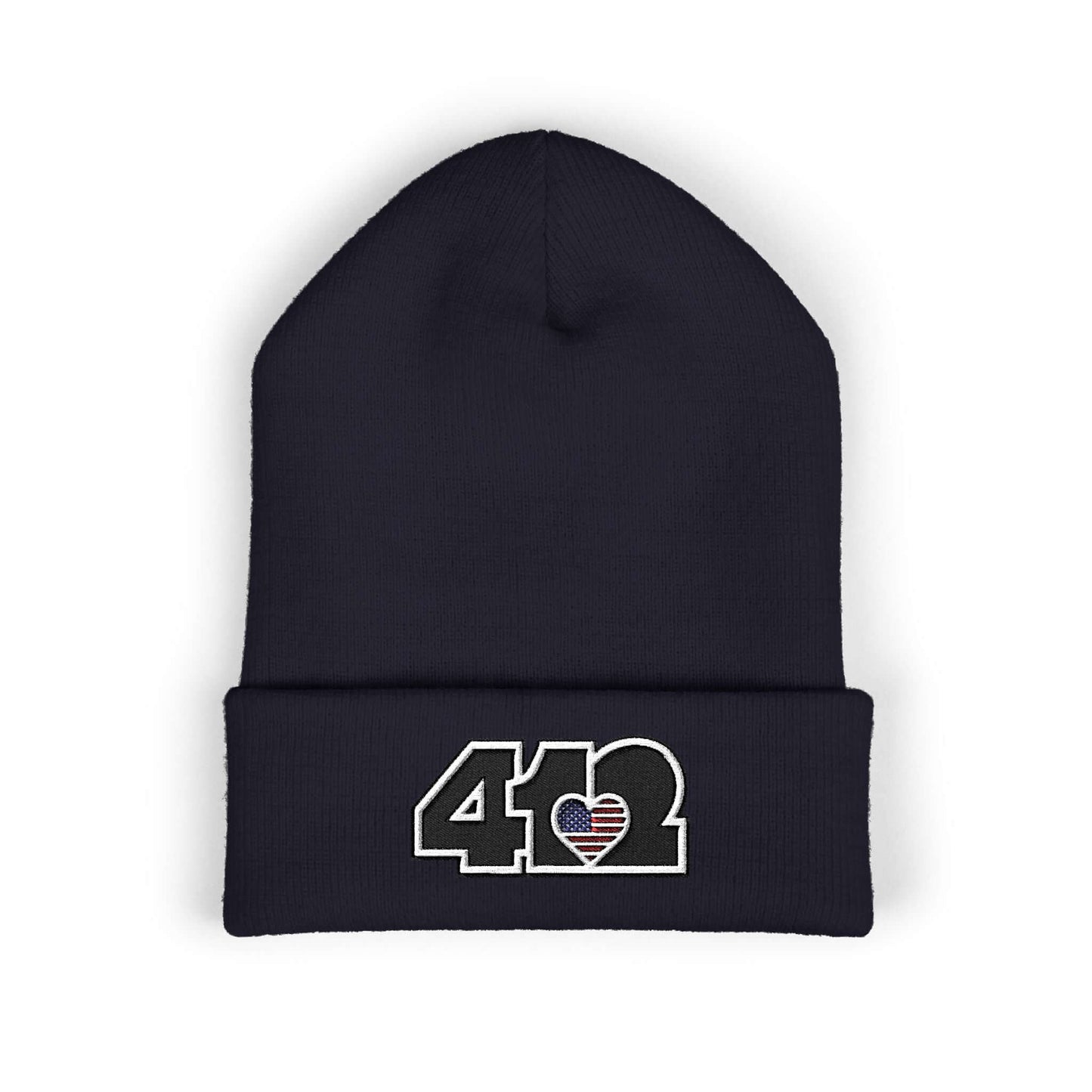 Cozy 412 Cuffed Beanie Hat | Embroidered Stars & Stripes Black Logo. Apparel Color: Navy. Featuring a snug cuffed fit, and soft acrylic for winter style.