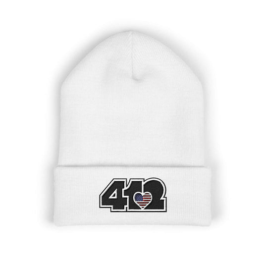 Cozy 412 Cuffed Beanie Hat | Embroidered Stars & Stripes Black Logo. Apparel Color: White. Featuring a snug cuffed fit, and soft acrylic for winter style.