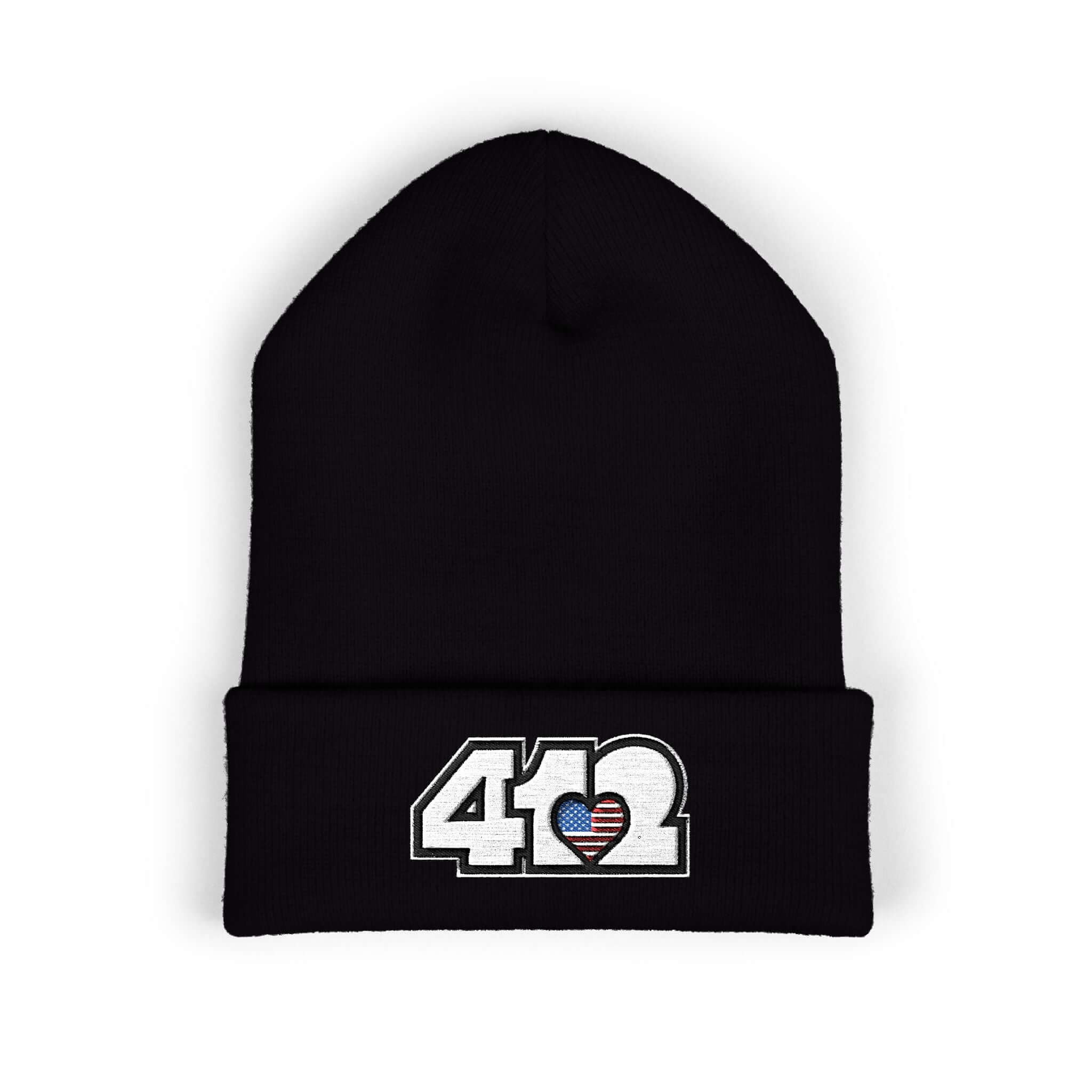 Cozy 412 Cuffed Beanie Hat | Embroidered Stars & Stripes White Logo. Apparel Color: Black. Featuring a snug cuffed fit, and soft acrylic for winter style.