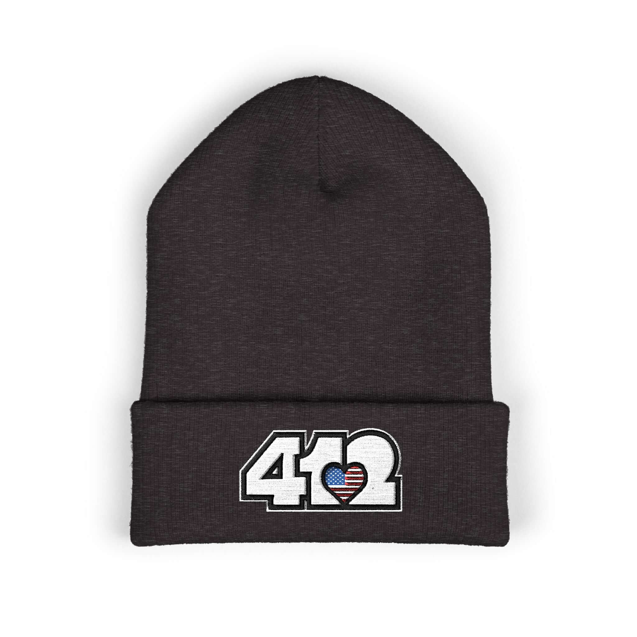 Cozy 412 Cuffed Beanie Hat | Embroidered Stars & Stripes White Logo. Apparel Color: Dark Grey. Featuring a snug cuffed fit, and soft acrylic for winter style.