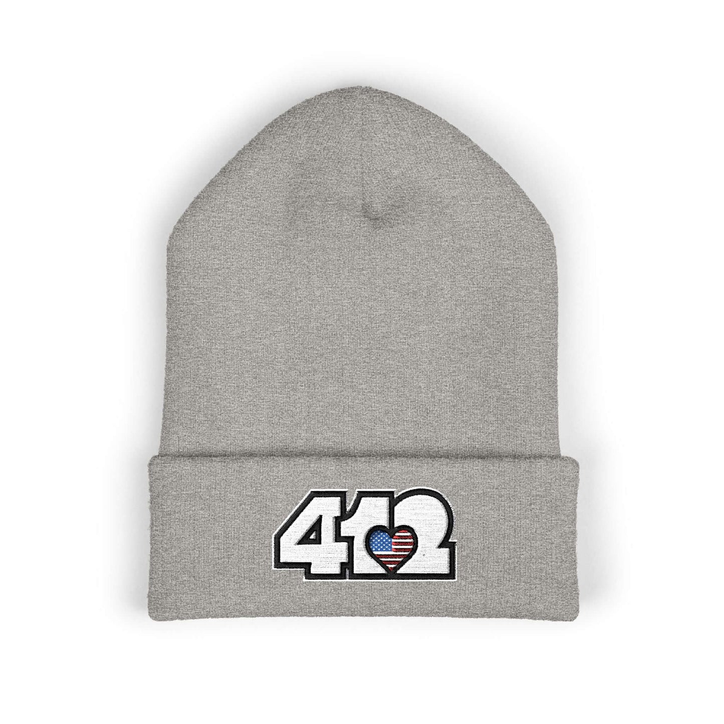 Cozy 412 Cuffed Beanie Hat | Embroidered Stars & Stripes White Logo. Apparel Color: Heather Grey. Featuring a snug cuffed fit, and soft acrylic for winter style.