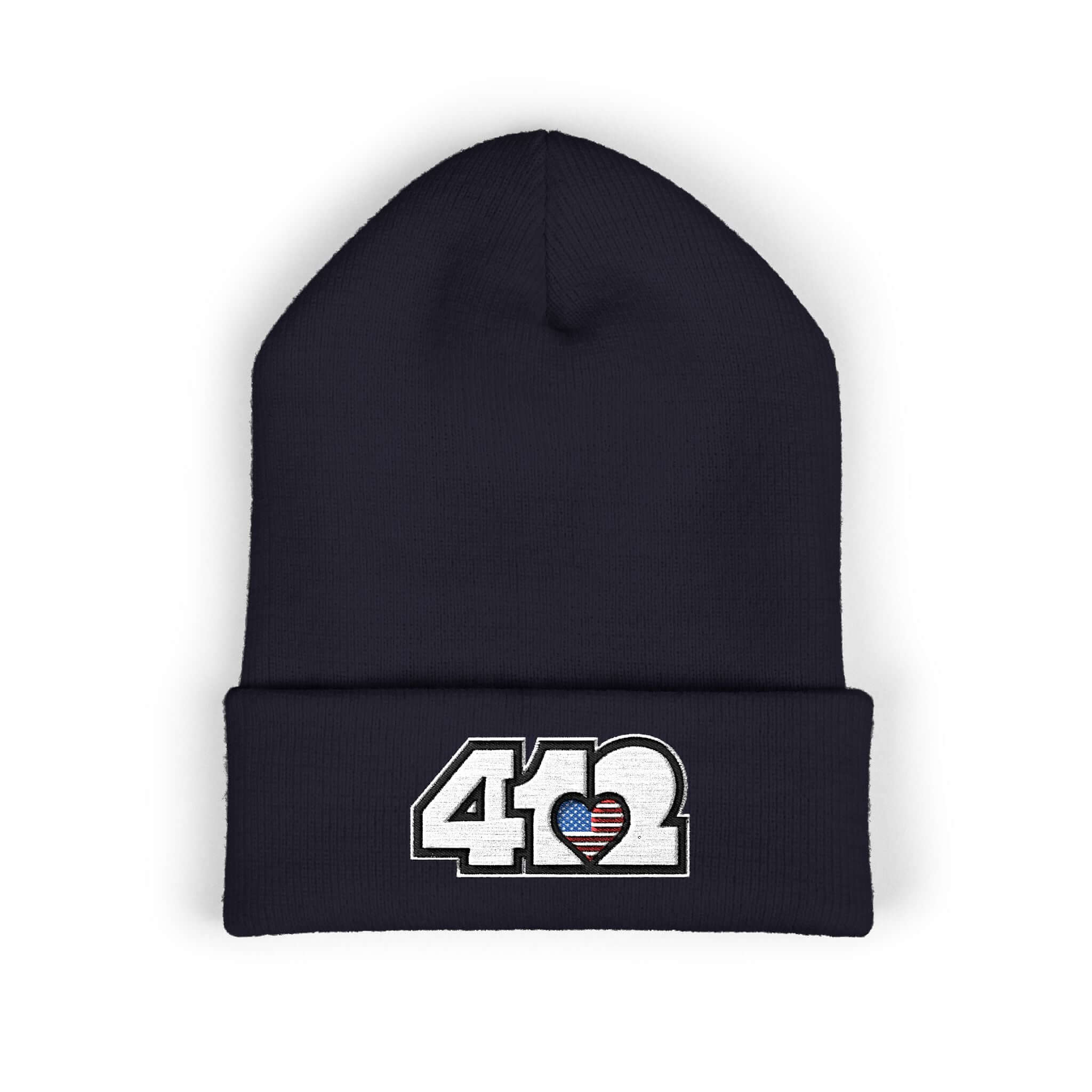 Cozy 412 Cuffed Beanie Hat | Embroidered Stars & Stripes White Logo. Apparel Color: Navy. Featuring a snug cuffed fit, and soft acrylic for winter style.