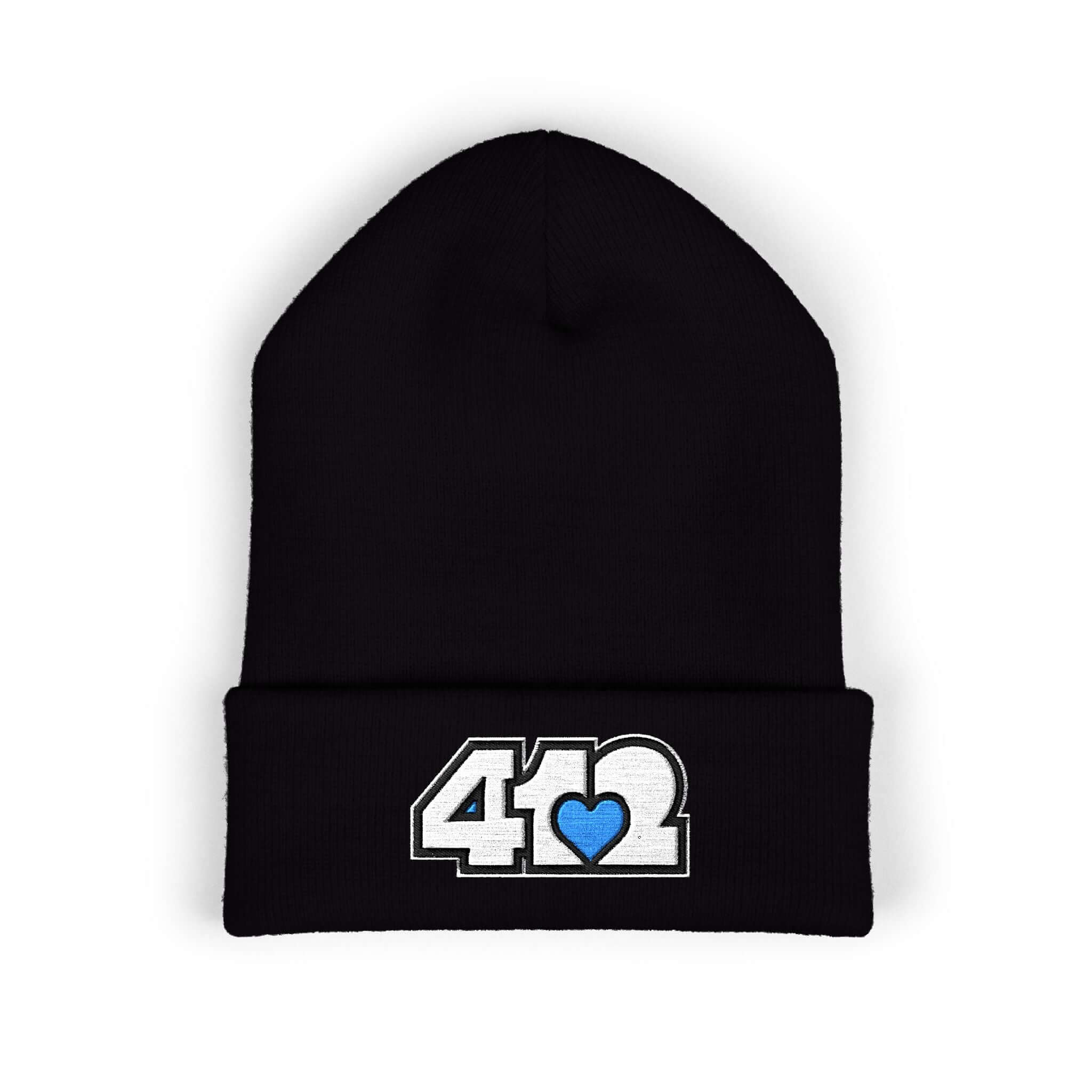 Cozy 412 Cuffed Beanie Hat | Embroidered White and Blue Logo. Apparel Color: Black. Featuring a snug cuffed fit, and soft acrylic for winter style.