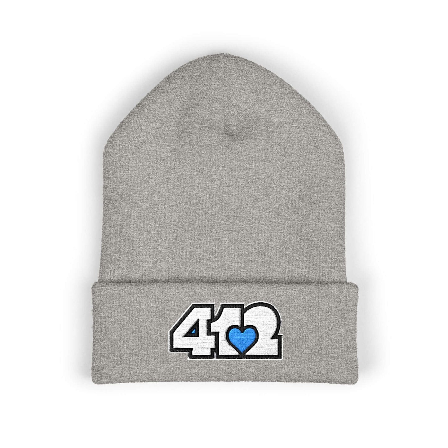 Cozy 412 Cuffed Beanie Hat | Embroidered White and Blue Logo. Apparel Color: Heather Grey. Featuring a snug cuffed fit, and soft acrylic for winter style.