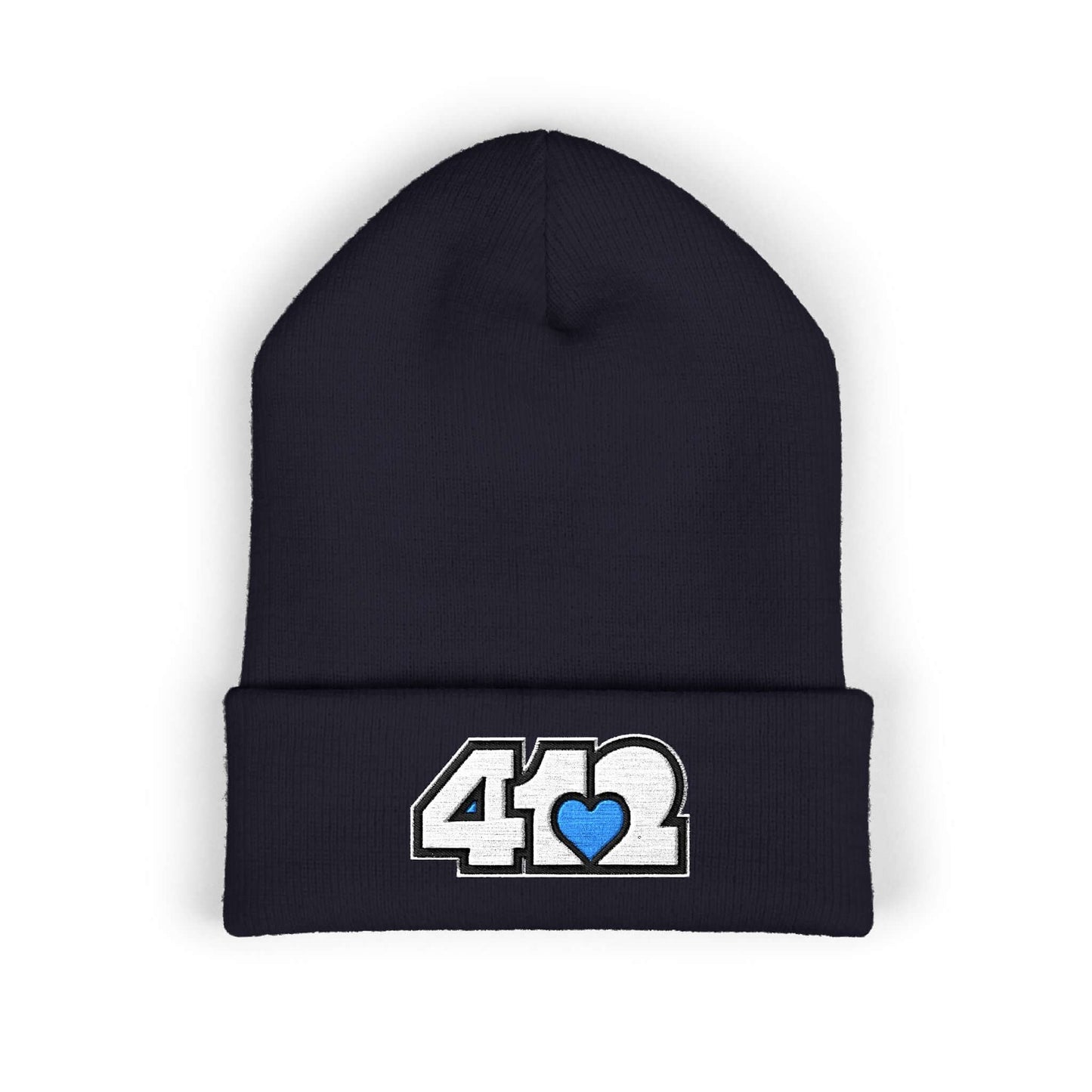 Cozy 412 Cuffed Beanie Hat | Embroidered White and Blue Logo. Apparel Color: Navy. Featuring a snug cuffed fit, and soft acrylic for winter style.