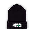Cozy 412 Cuffed Beanie Hat | Embroidered White and Green Logo. Apparel Color: Black. Featuring a snug cuffed fit, and soft acrylic for winter style.