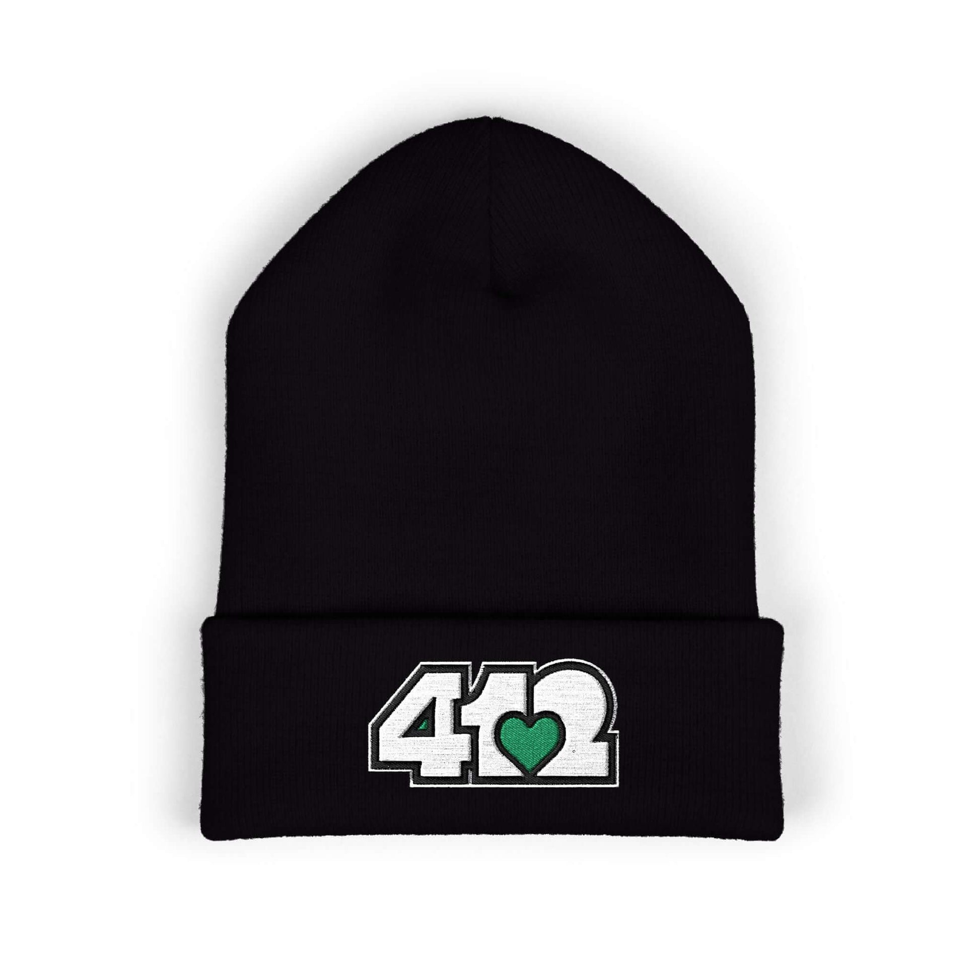 Cozy 412 Cuffed Beanie Hat | Embroidered White and Green Logo. Apparel Color: Black. Featuring a snug cuffed fit, and soft acrylic for winter style.