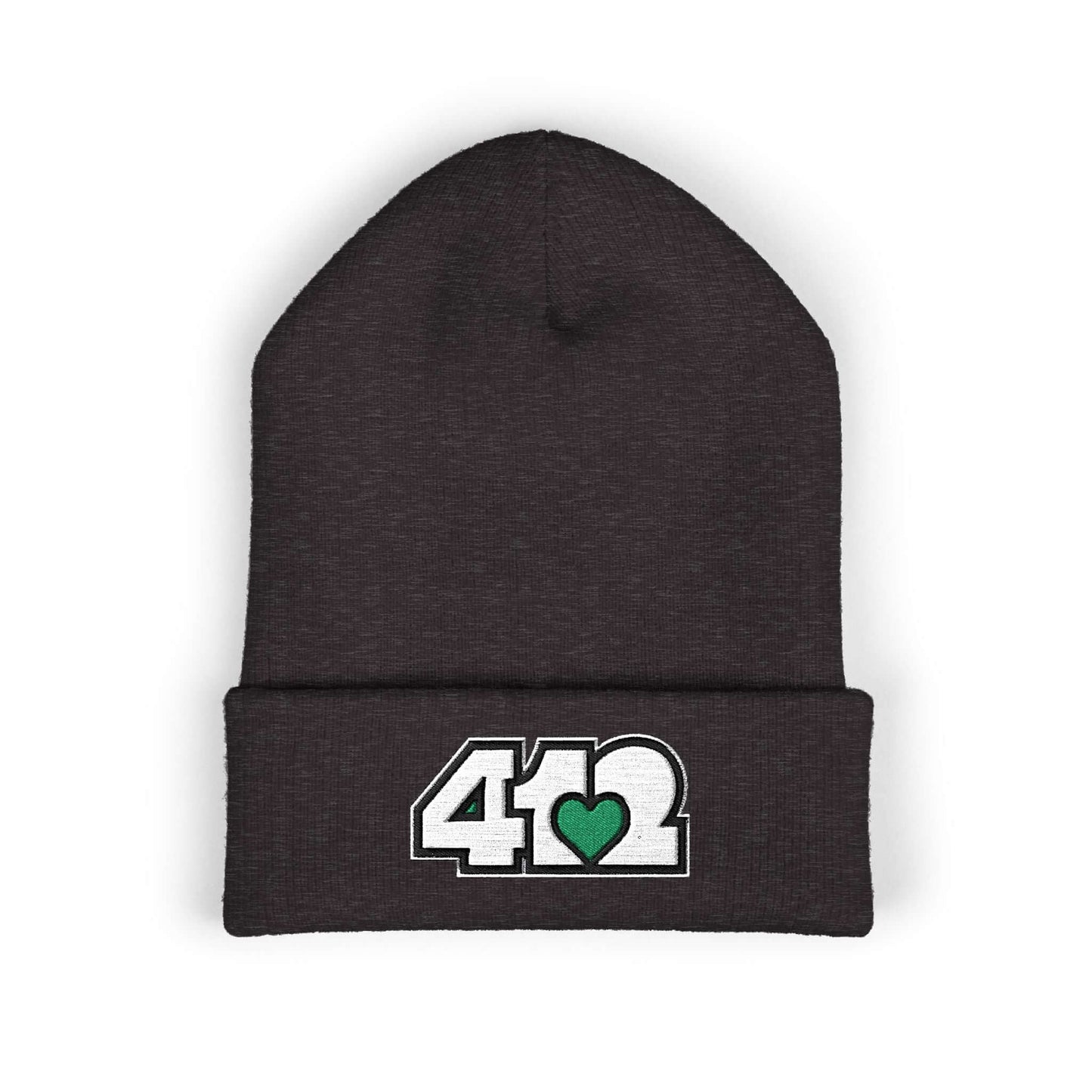 Cozy 412 Cuffed Beanie Hat | Embroidered White and Green Logo. Apparel Color: Dark Grey. Featuring a snug cuffed fit, and soft acrylic for winter style.