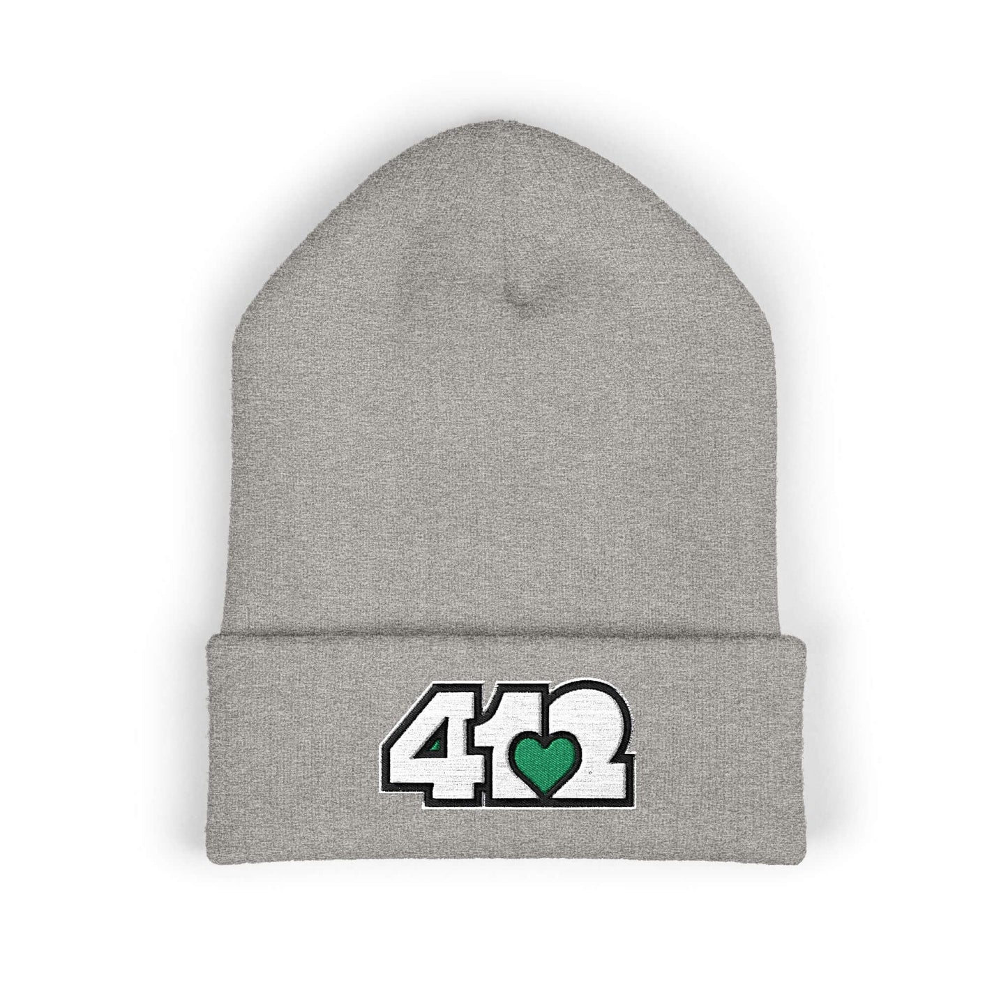 Cozy 412 Cuffed Beanie Hat | Embroidered White and Green Logo. Apparel Color: Heather Grey. Featuring a snug cuffed fit, and soft acrylic for winter style.