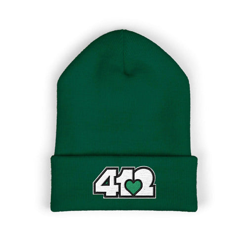 Cozy 412 Cuffed Beanie Hat | Embroidered White and Green Logo. Apparel Color: Spruce. Featuring a snug cuffed fit, and soft acrylic for winter style.
