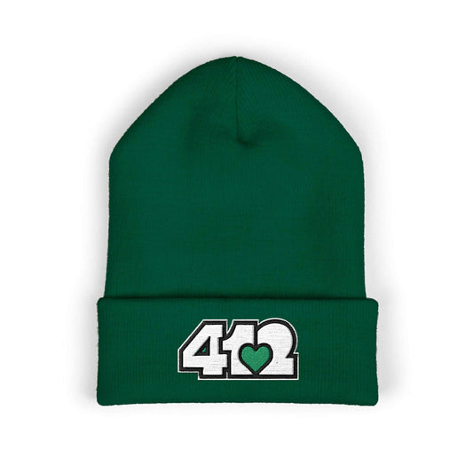 Cozy 412 Cuffed Beanie Hat | Embroidered White and Green Logo. Apparel Color: Spruce. Featuring a snug cuffed fit, and soft acrylic for winter style.
