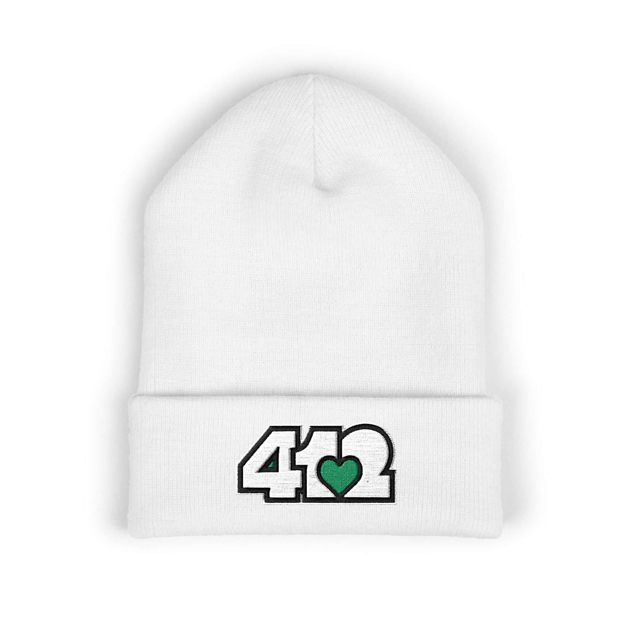 Cozy 412 Cuffed Beanie Hat | Embroidered White and Green Logo. Apparel Color: White. Featuring a snug cuffed fit, and soft acrylic for winter style.