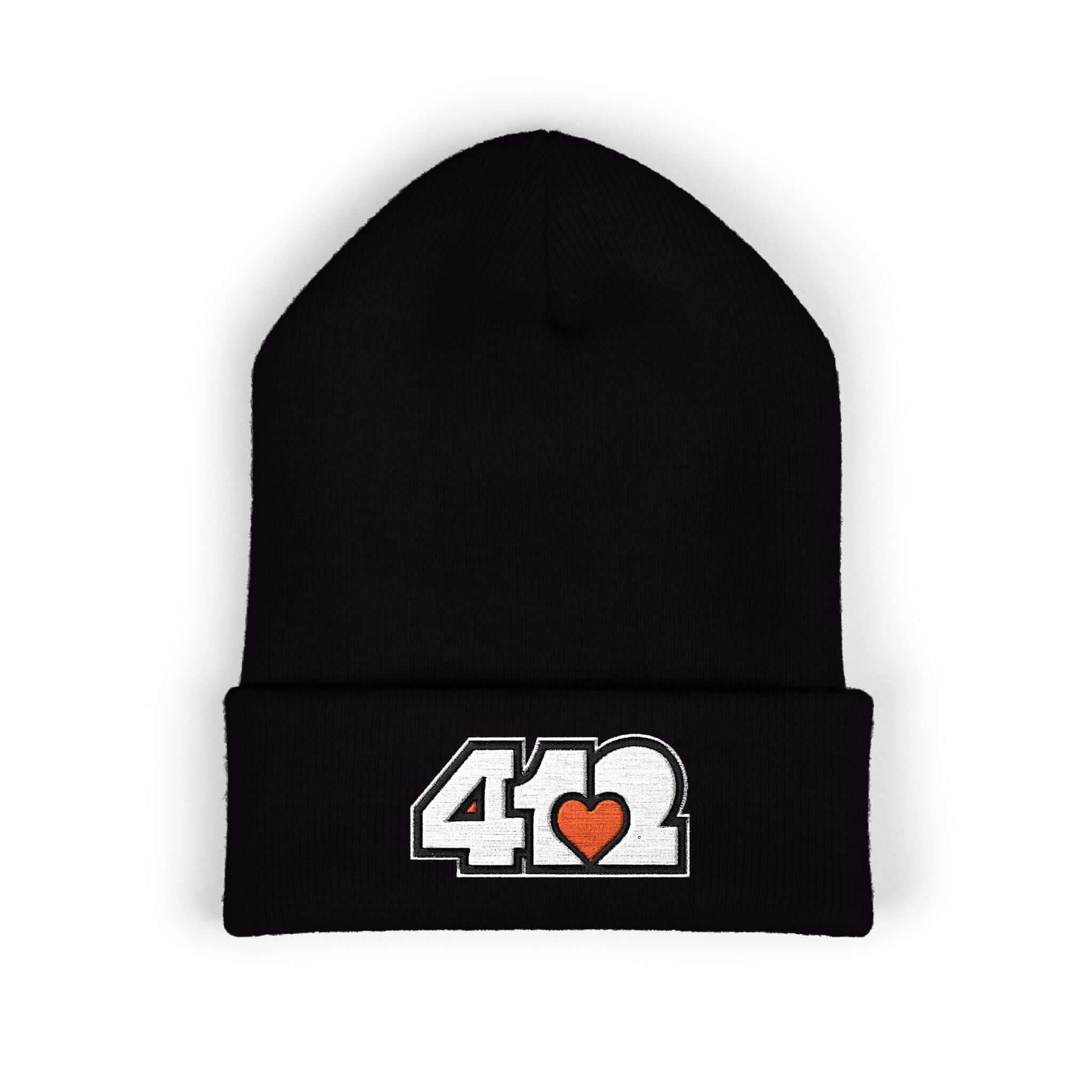 Cozy 412 Cuffed Beanie Hat | Embroidered White and Orange Logo. Apparel Color: Black. Featuring a snug cuffed fit, and soft acrylic for winter style.