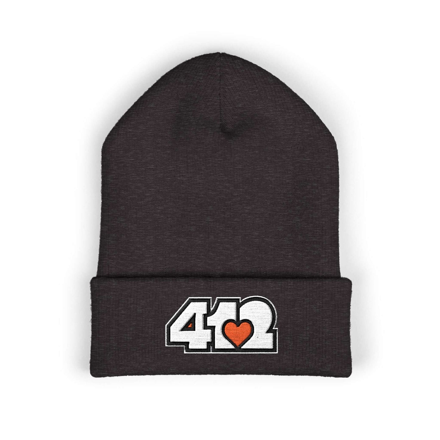 Cozy 412 Cuffed Beanie Hat | Embroidered White and Orange Logo. Apparel Color: Dark Grey. Featuring a snug cuffed fit, and soft acrylic for winter style.