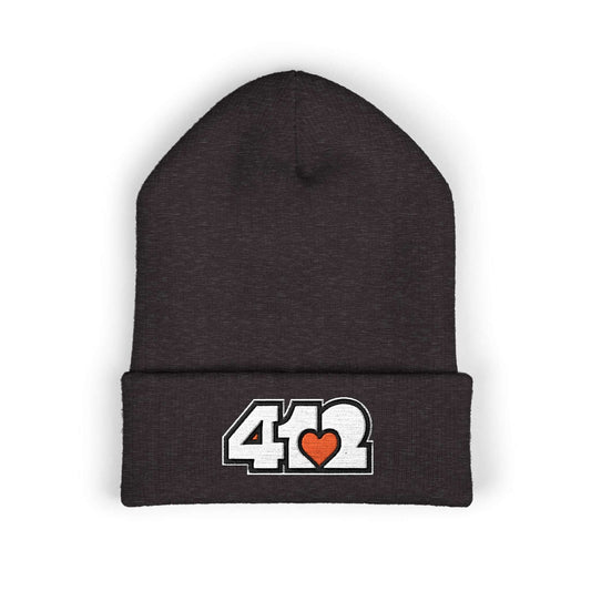 Cozy 412 Cuffed Beanie Hat | Embroidered White and Orange Logo. Apparel Color: Dark Grey. Featuring a snug cuffed fit, and soft acrylic for winter style.