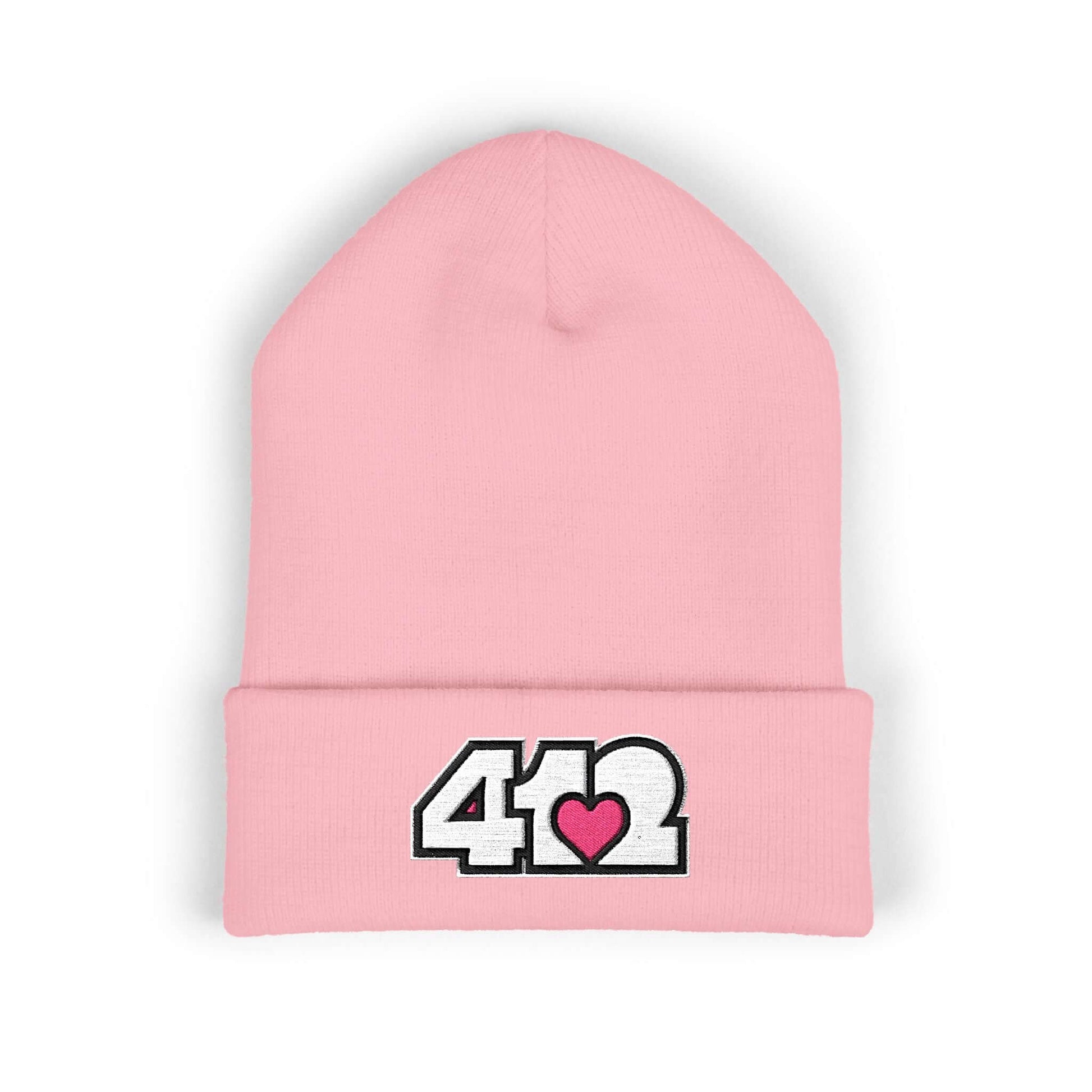 Cozy 412 Cuffed Beanie Hat | Embroidered White and Pink Logo. Apparel Color: Baby Pink. Featuring a snug cuffed fit, and soft acrylic for winter style.