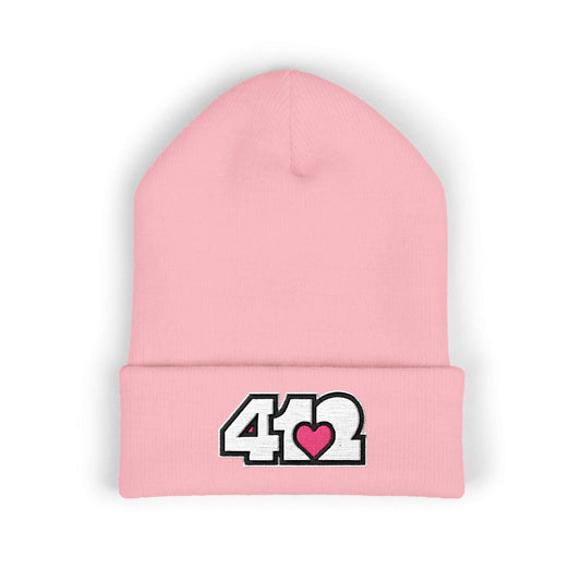 Cozy 412 Cuffed Beanie Hat | Embroidered White and Pink Logo. Apparel Color: Baby Pink. Featuring a snug cuffed fit, and soft acrylic for winter style.