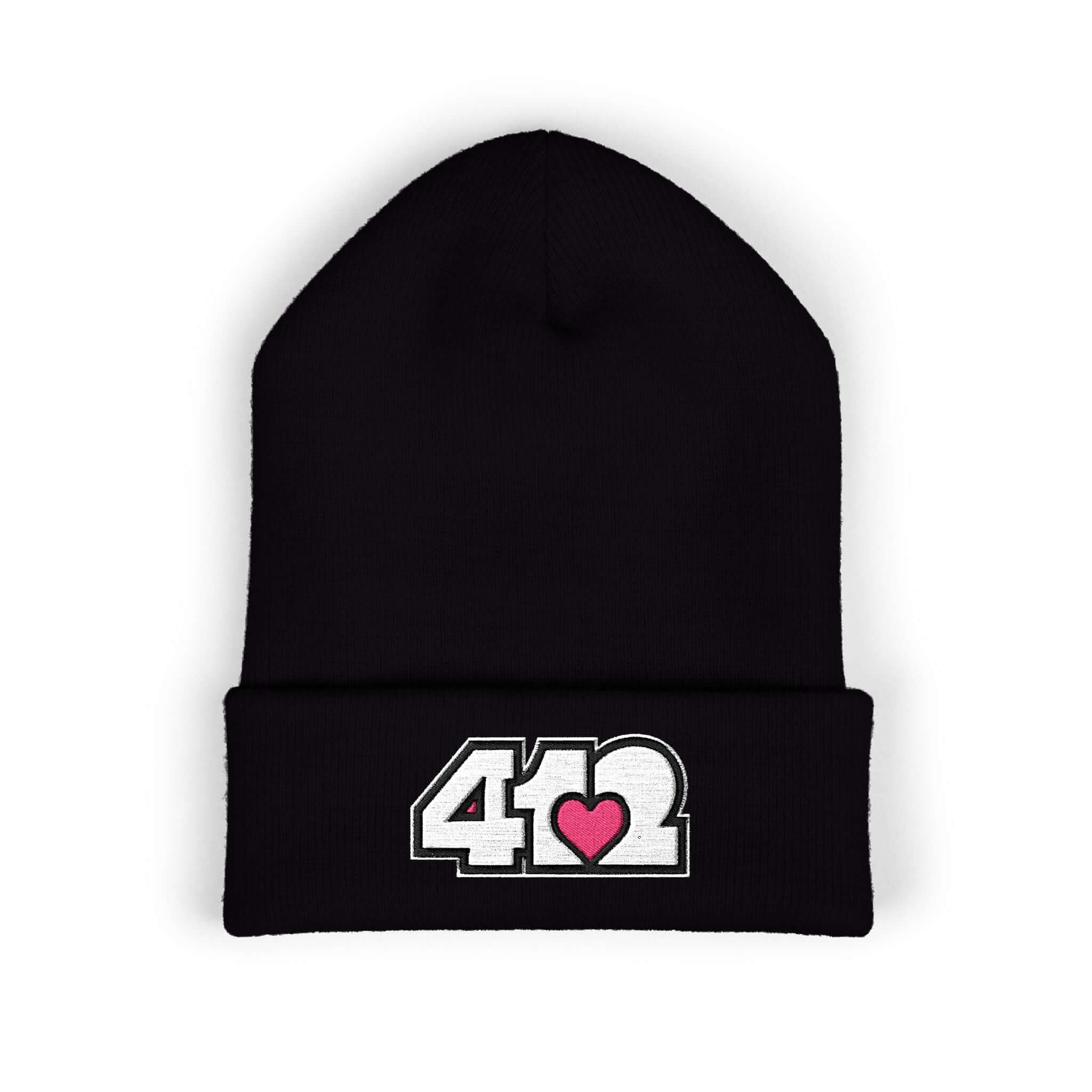 Cozy 412 Cuffed Beanie Hat | Embroidered White and Pink Logo. Apparel Color: Black. Featuring a snug cuffed fit, and soft acrylic for winter style.