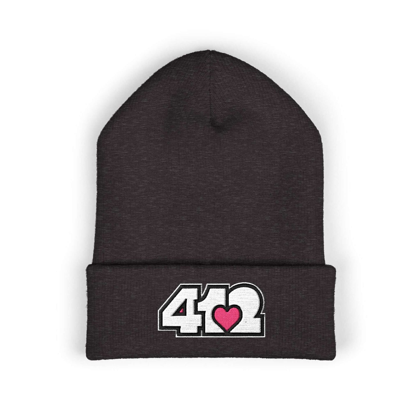 Cozy 412 Cuffed Beanie Hat | Embroidered White and Pink Logo. Apparel Color: Dark Grey. Featuring a snug cuffed fit, and soft acrylic for winter style.