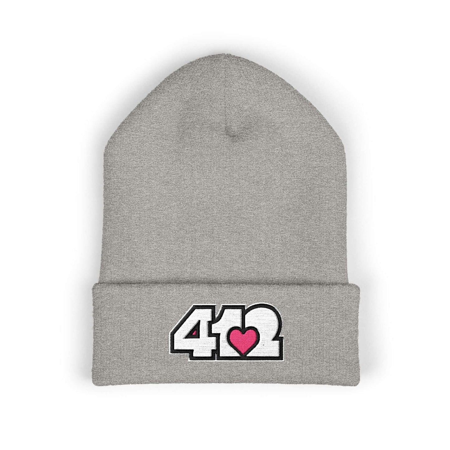 Cozy 412 Cuffed Beanie Hat | Embroidered White and Pink Logo. Apparel Color: Heather Grey. Featuring a snug cuffed fit, and soft acrylic for winter style.