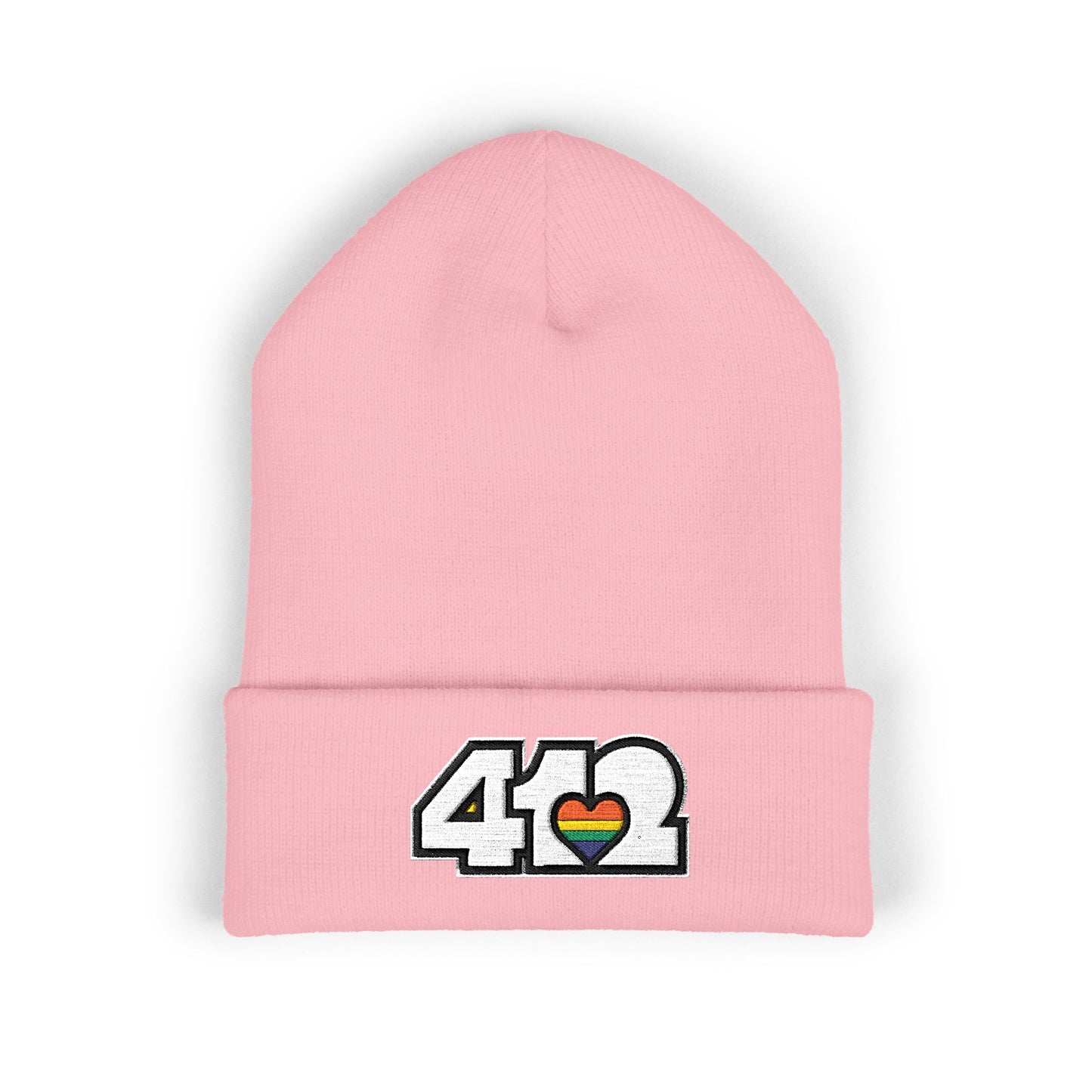 412 Cuffed Beanie Hat | Embroidered White and Rainbow Logo. Apparel Color: Baby Pink. Featuring a snug cuffed fit, and soft acrylic for winter style.