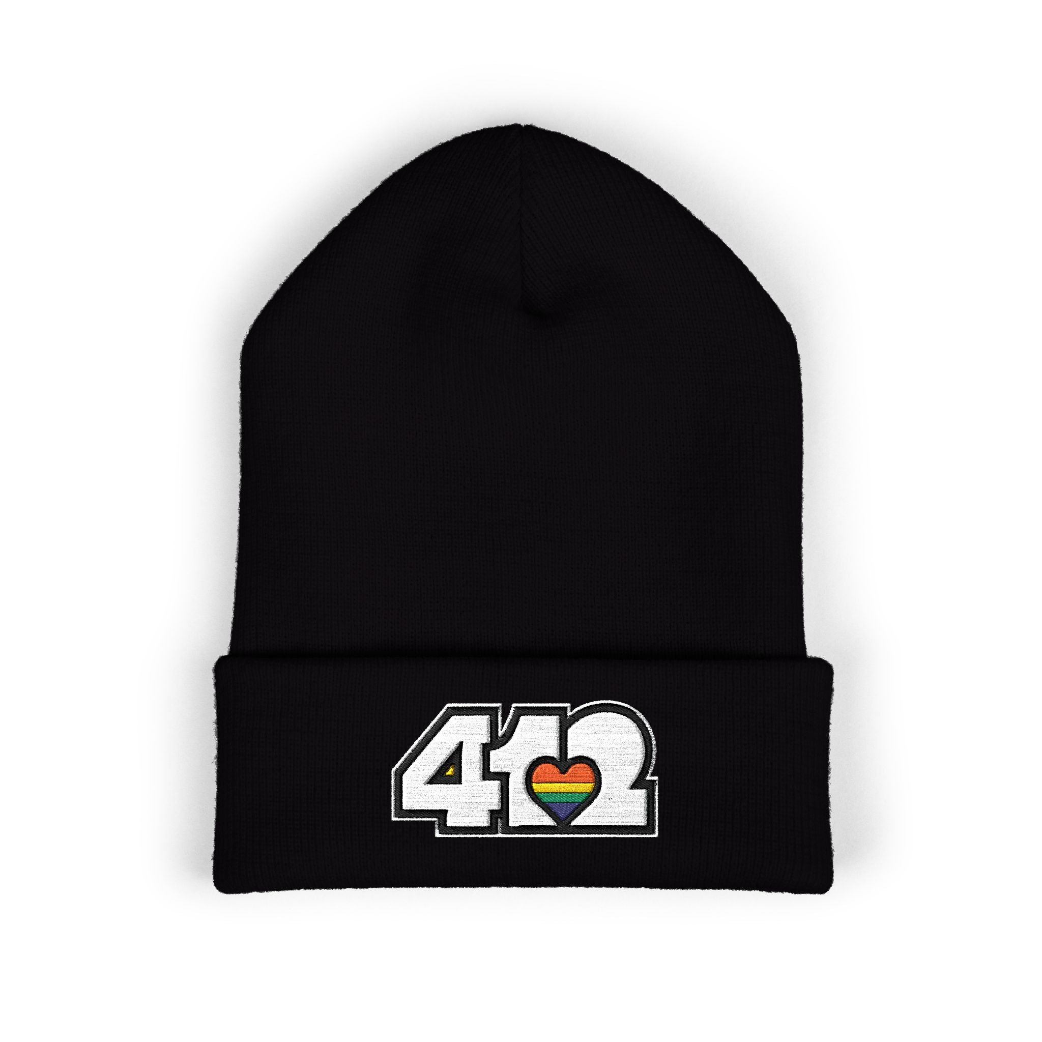 412 Cuffed Beanie Hat | Embroidered White and Rainbow Logo. Apparel Color: Black. Featuring a snug cuffed fit, and soft acrylic for winter style.