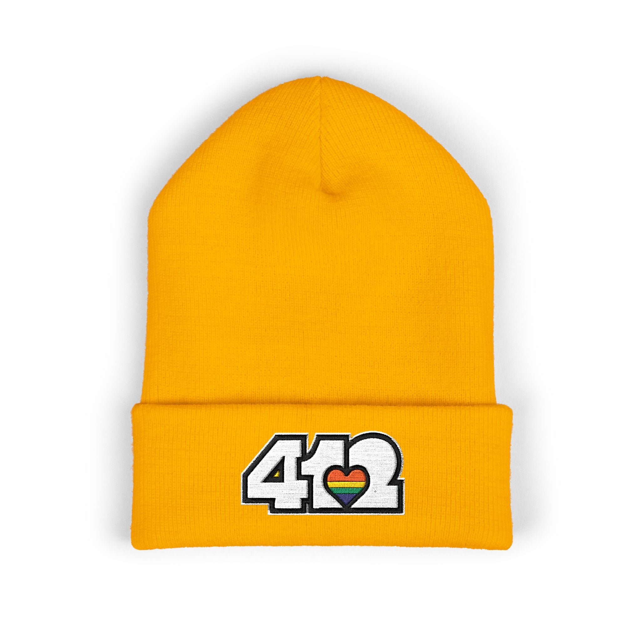 412 Cuffed Beanie Hat | Embroidered White and Rainbow Logo. Apparel Color: Gold. Featuring a snug cuffed fit, and soft acrylic for winter style.