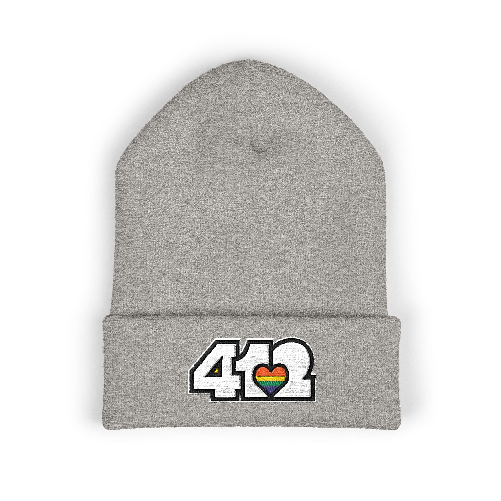 412 Cuffed Beanie Hat | Embroidered White and Rainbow Logo. Apparel Color: Heather Grey. Featuring a snug cuffed fit, and soft acrylic for winter style.